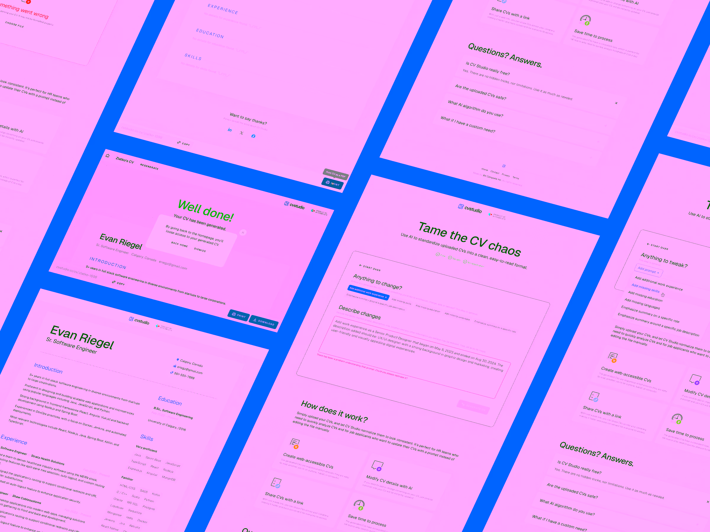 Multiple angled screenshots of a CV builder web app showing CV generation, editing features, AI assistance, FAQs, and a sample CV for Evan Riegel.