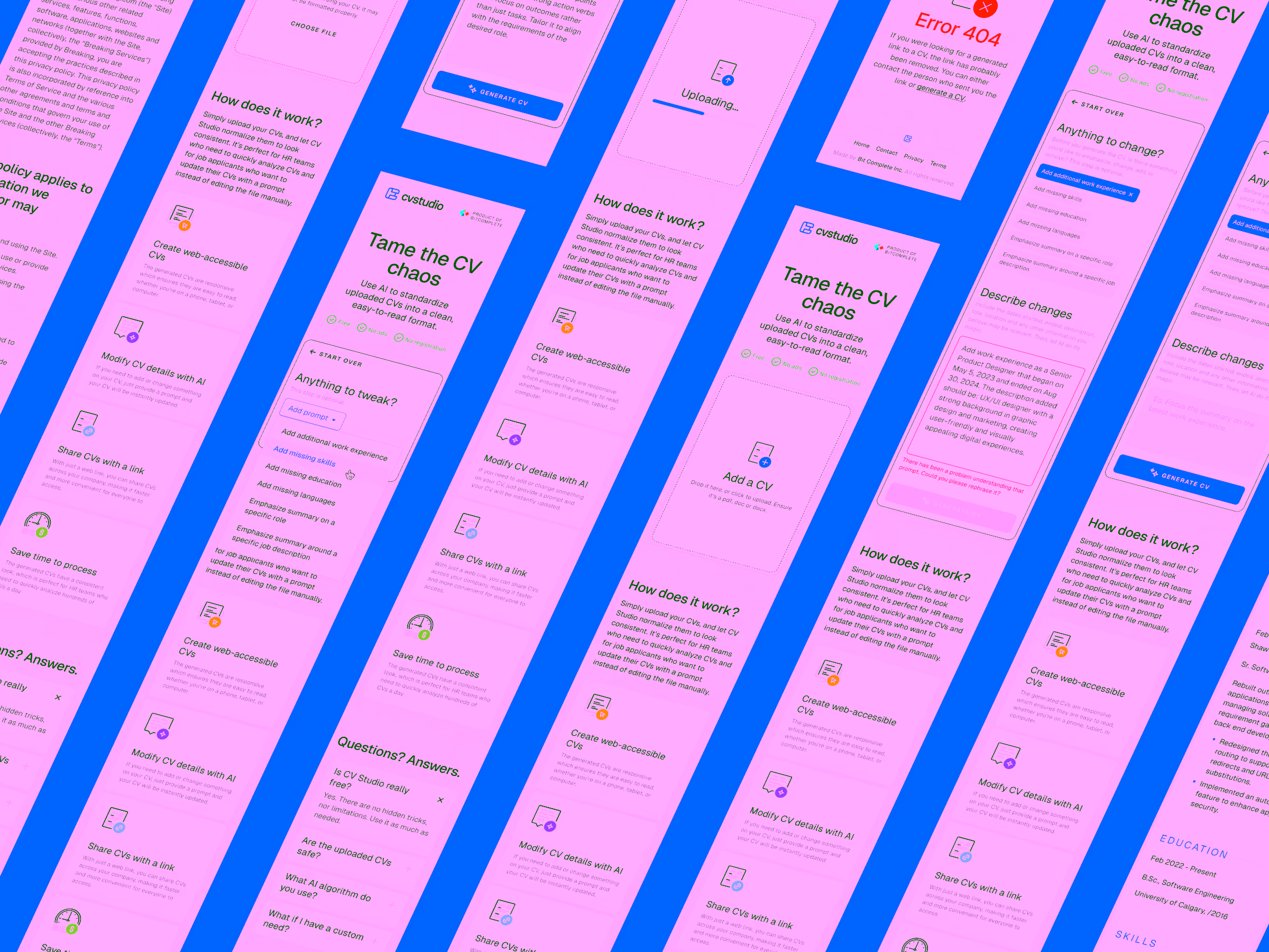 Screenshot of a CV Studio web app showing sections for uploading and editing CVs, adding skills, work experience, and generating a clean, standardized CV.