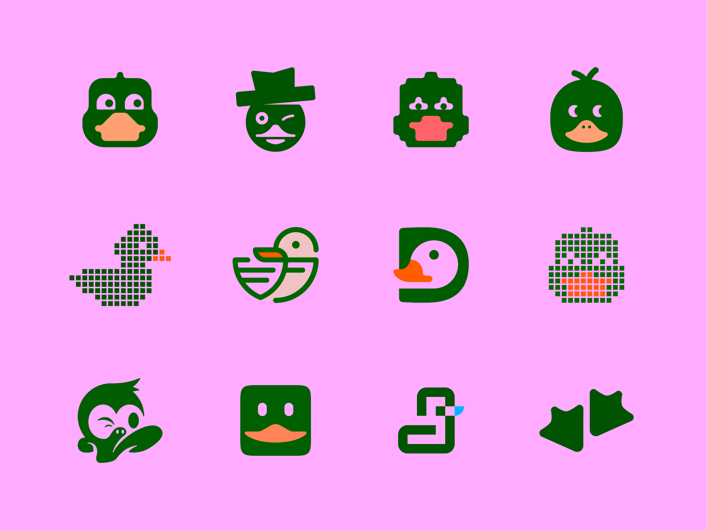 Grid of twelve stylized duck icons and logos featuring various designs and colors.