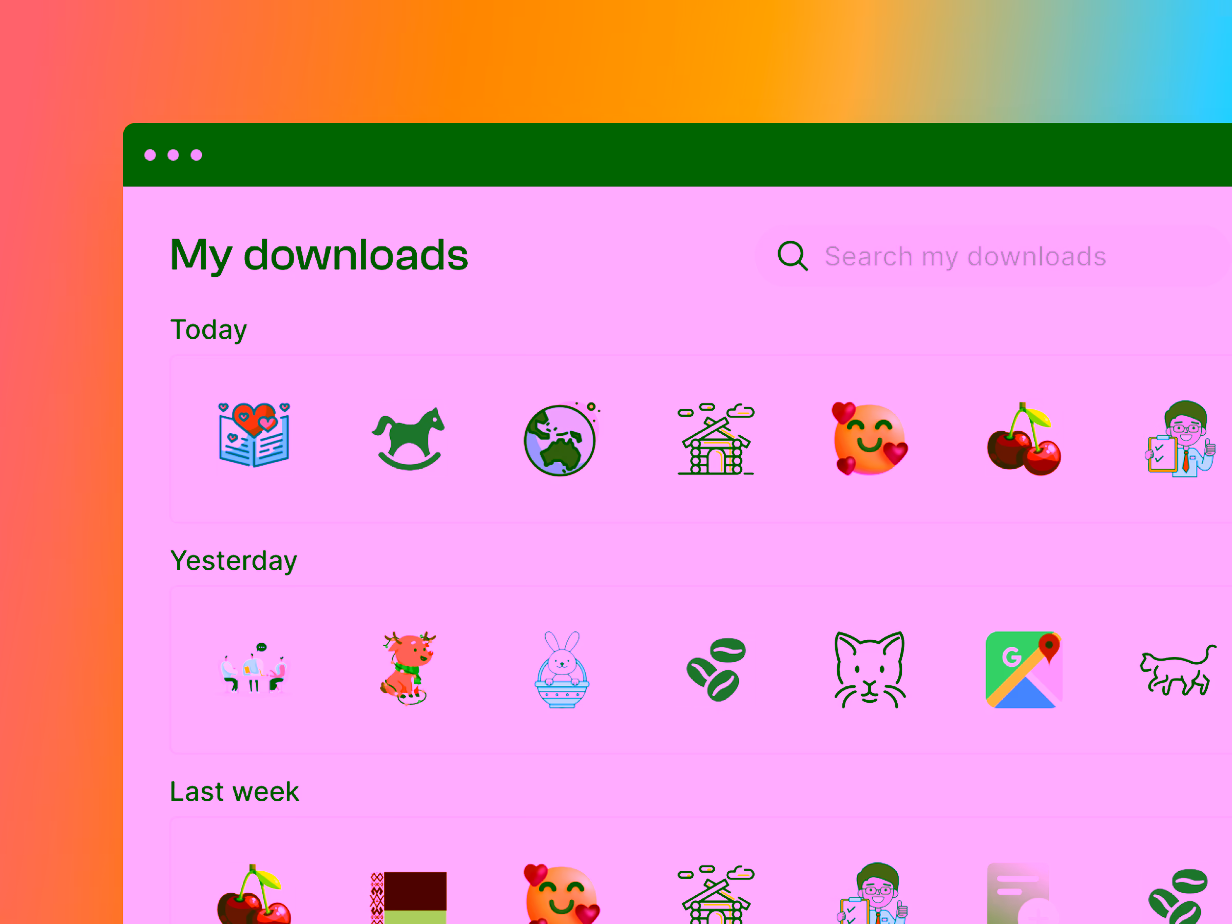 User interface showing 'My downloads' with icons organized by Today, Yesterday, and Last week including emojis and various symbols.