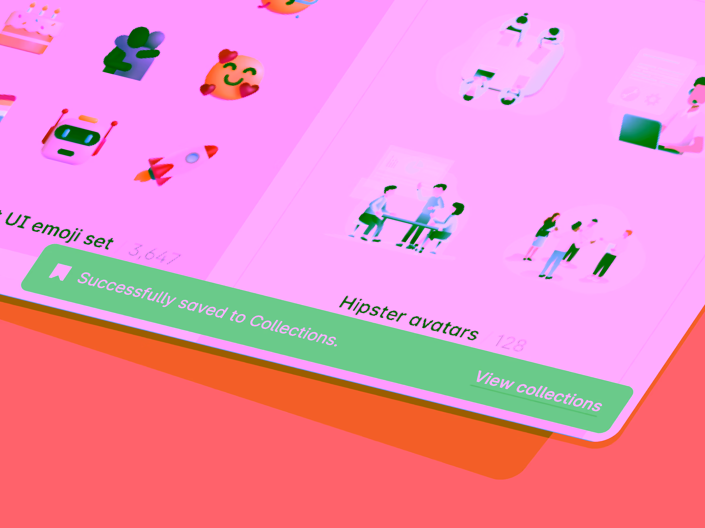 Screen showing digital collections with colorful UI emoji set and Hipster avatars, plus a green notification bar reading 'Successfully saved to Collections.'