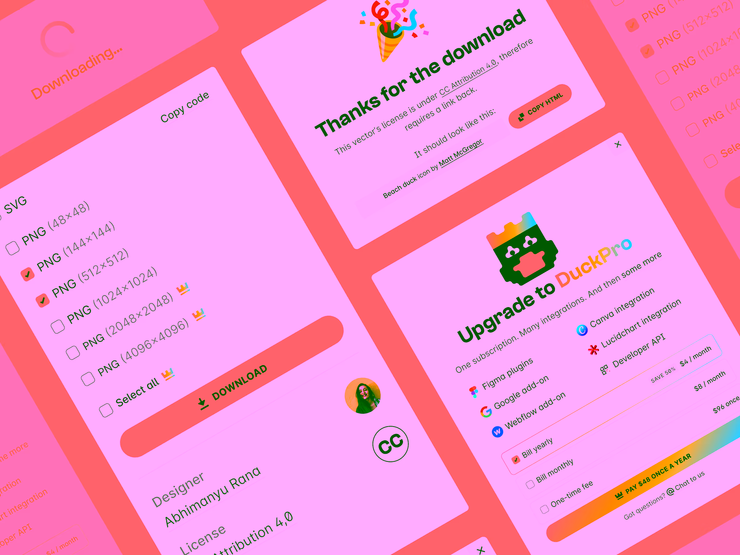 Interface showing download options for PNG files, license info, and upgrade to DuckPro subscription with integrations and pricing.