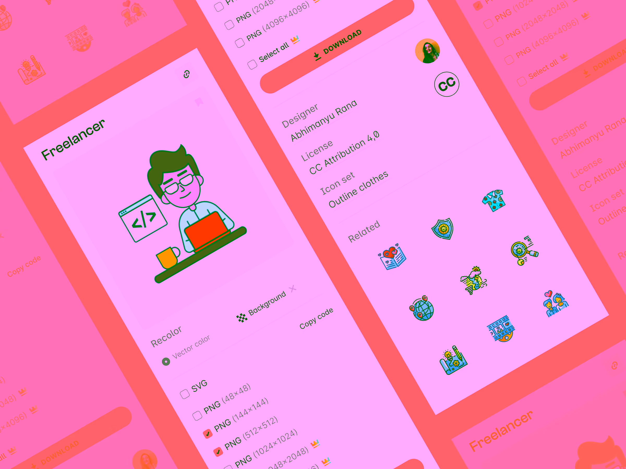 Digital interface showing a freelancer icon of a man with glasses working on a laptop, with options to select icon formats and download, and related icons displayed.