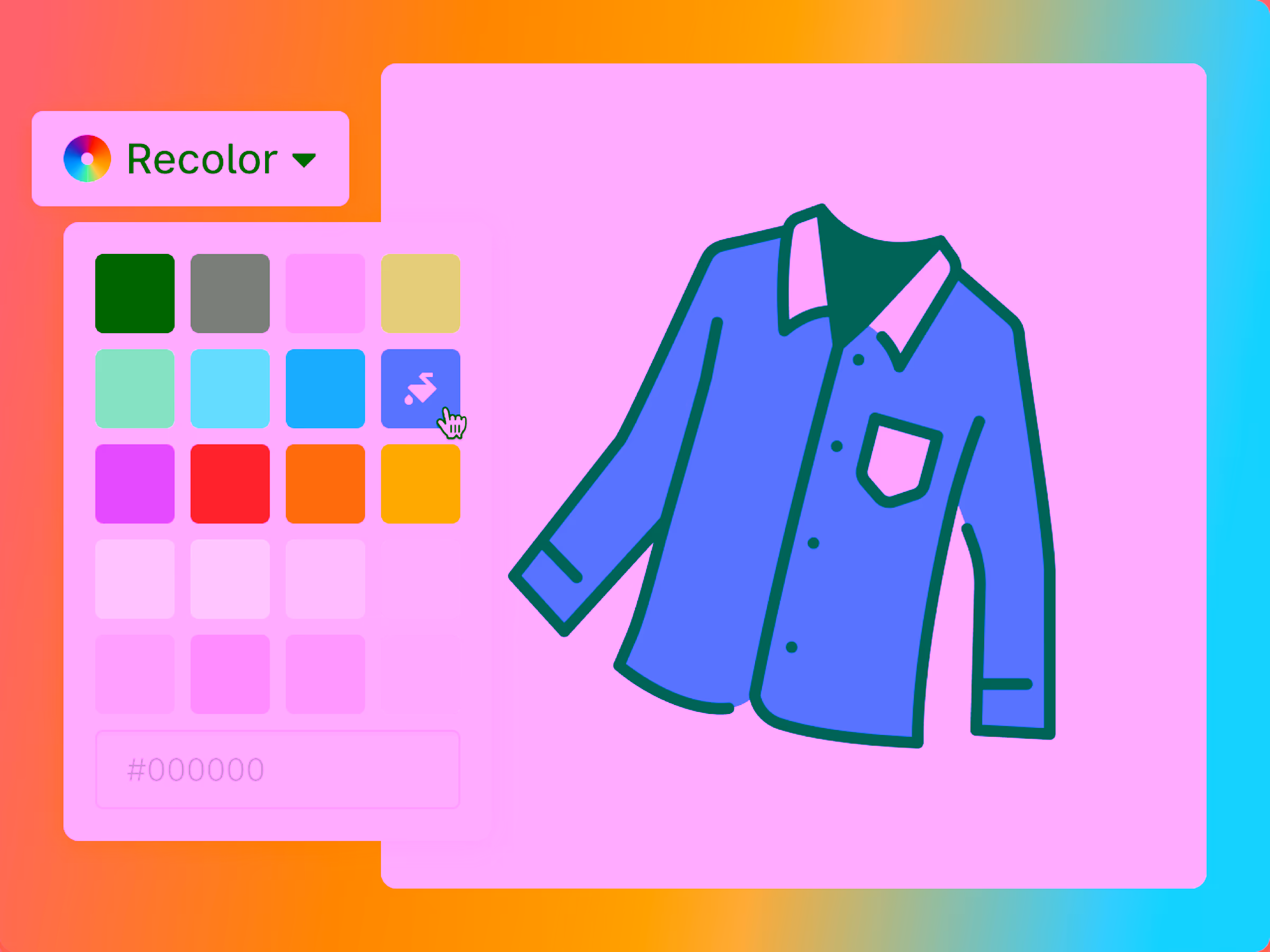 Digital interface showing a color palette for recoloring with a blue button shirt illustration on the right.