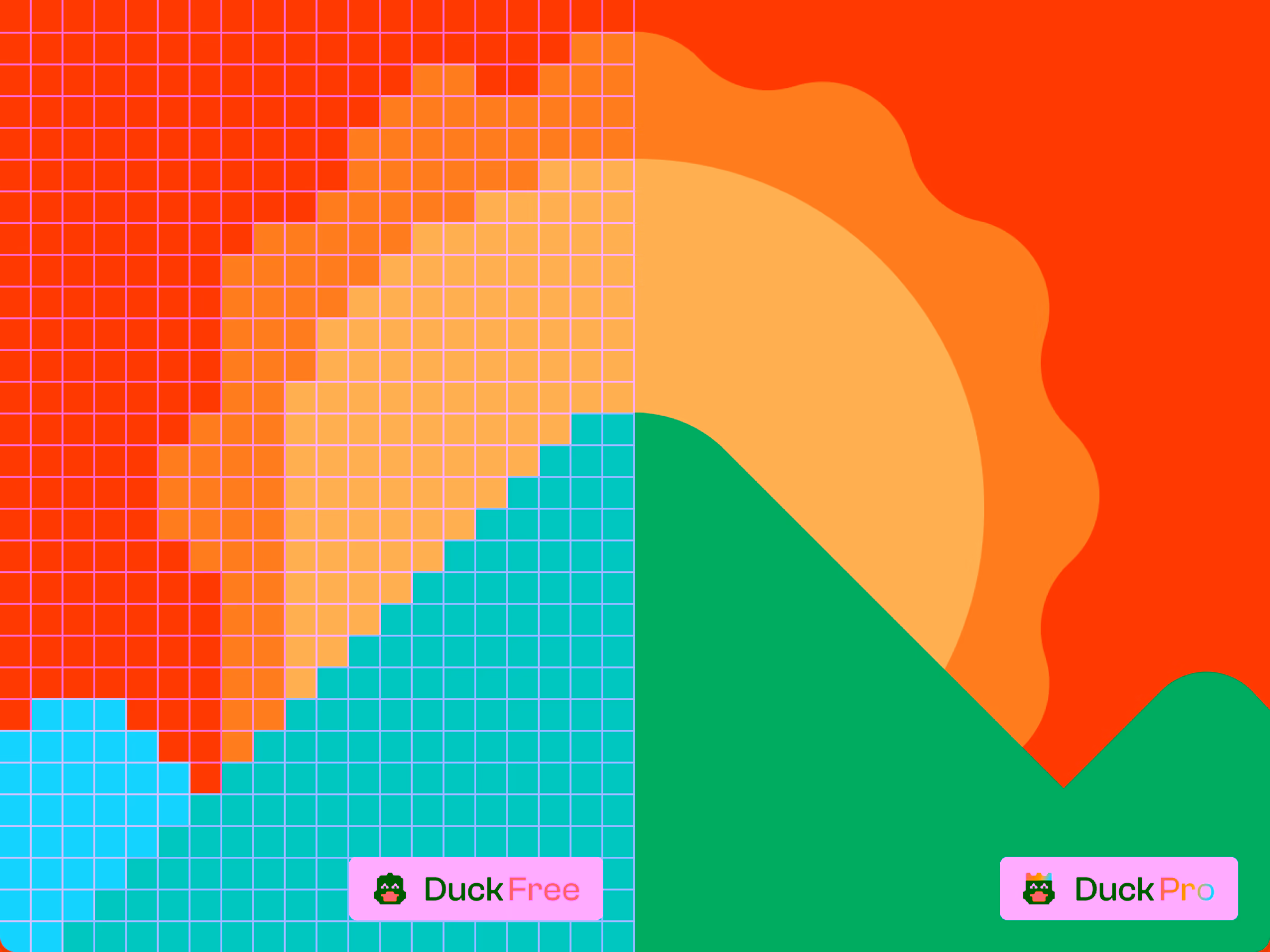 Half of a pixelated sun over mountains on the left labeled Duck Free, and half of a smooth sun over mountains on the right labeled Duck Pro.
