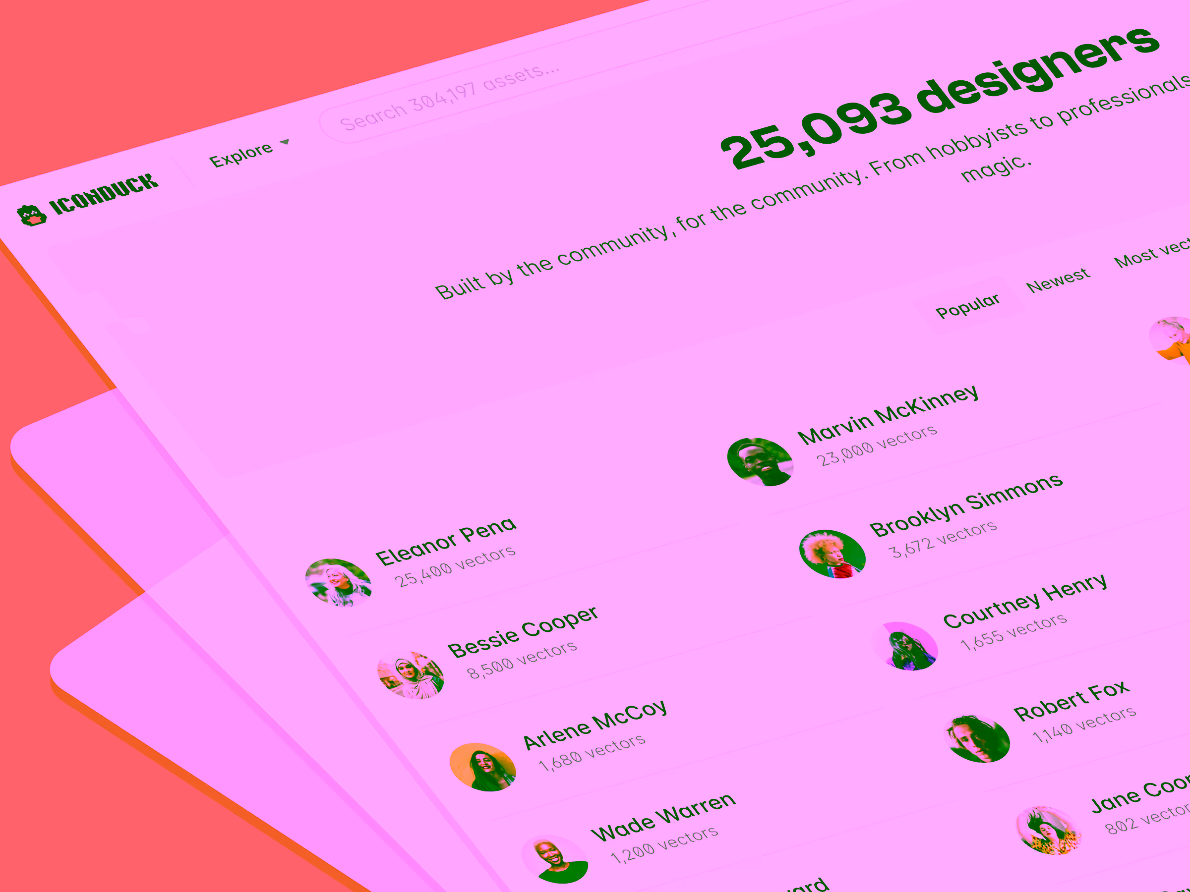 Website listing 25,093 designers with profile pictures and number of vectors, including Eleanor Pena, Marvin McKinney, and others under categories like Popular and Newest.