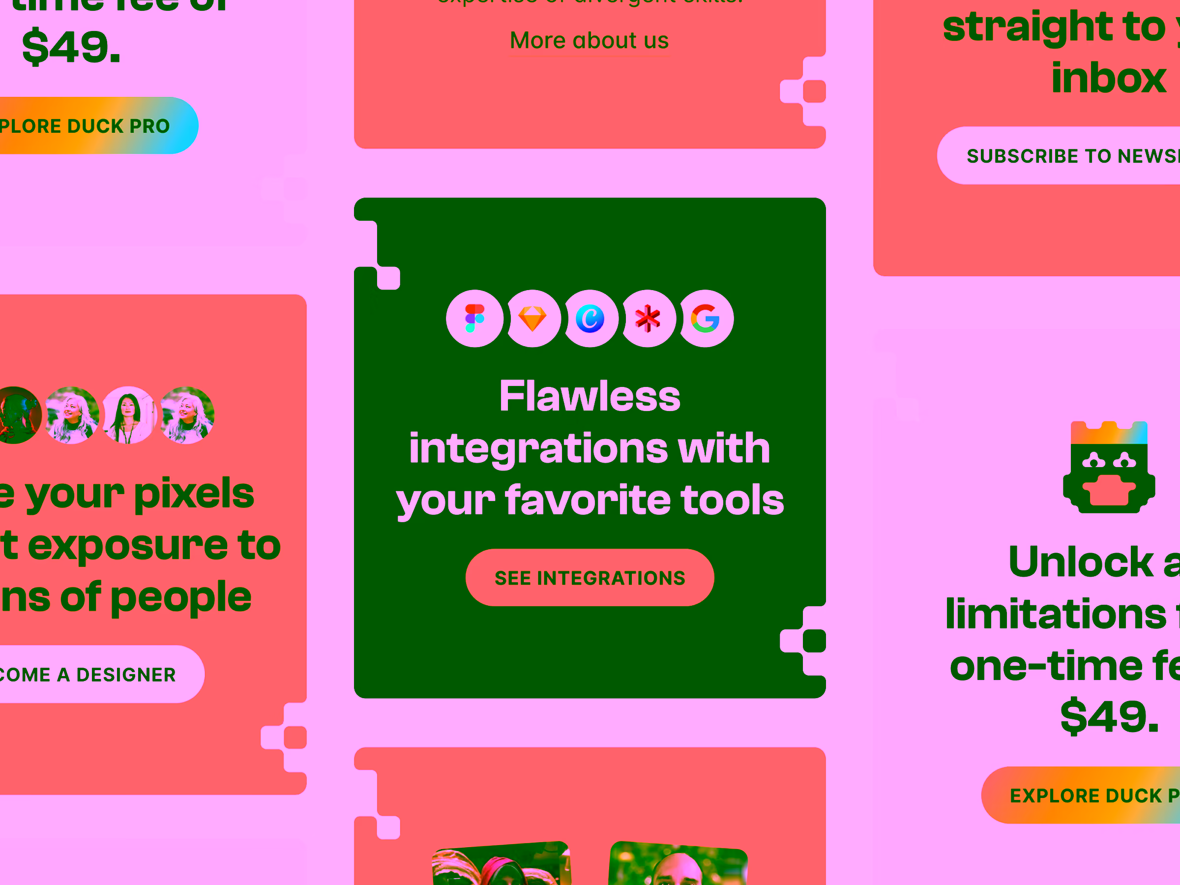 Black card with icons of Figma, Sketch, Confluence, Asterisk, and Google above text 'Flawless integrations with your favorite tools' and an orange button labeled 'See Integrations'.