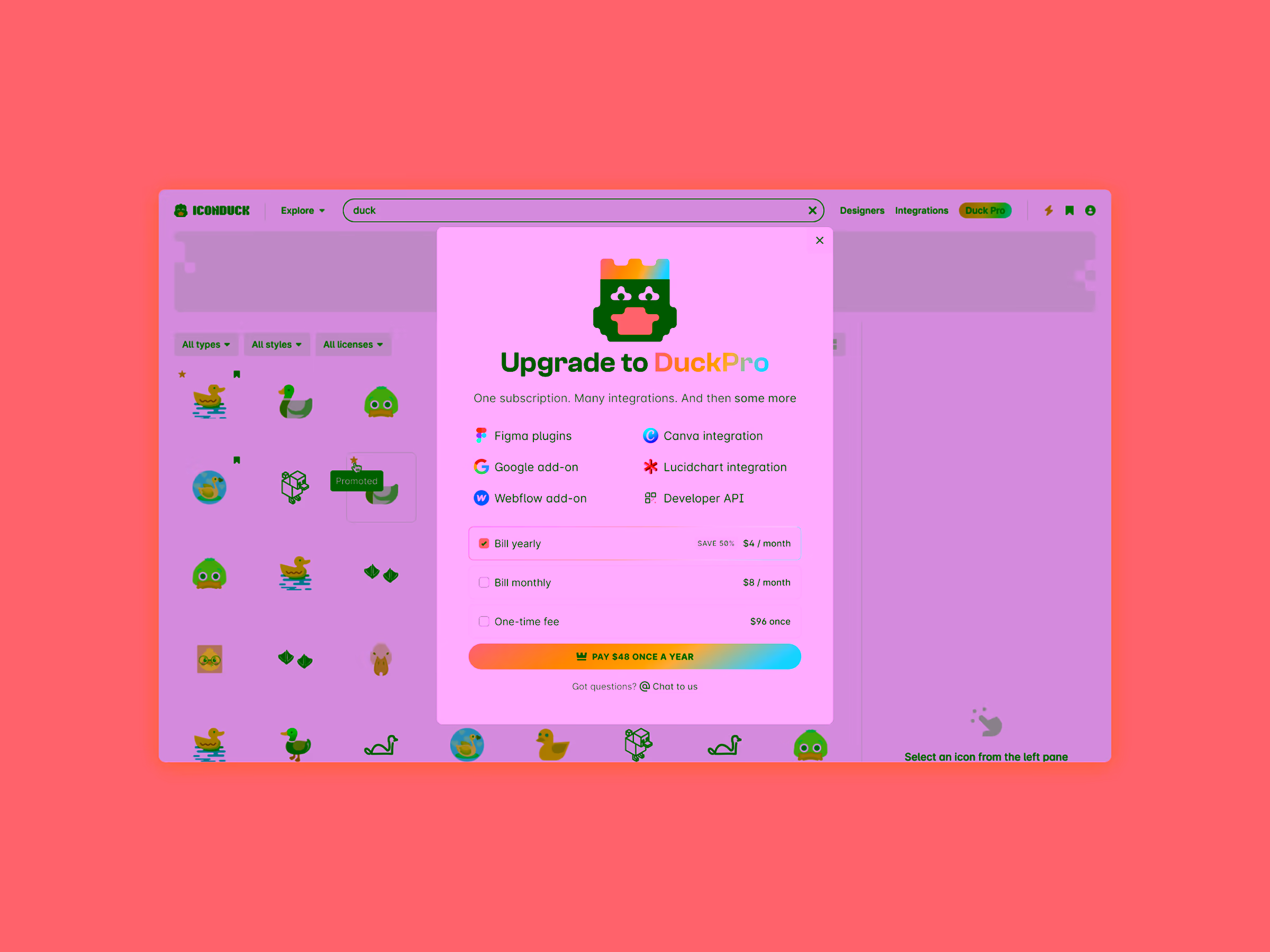 Subscription upgrade popup for DuckPro with options for yearly, monthly, or one-time payment and listing integrations like Figma and Canva.