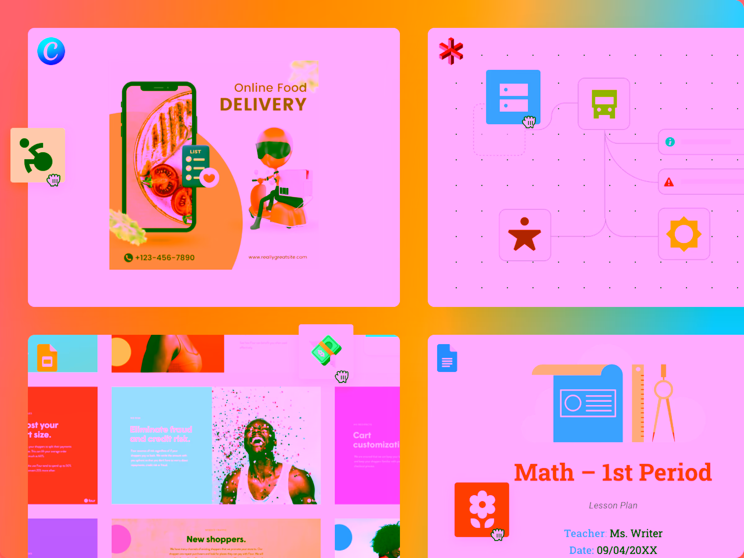 Colorful collage showing an online food delivery promotion, a workflow diagram, a webpage with a smiling man and fraud prevention text, and a math lesson plan.