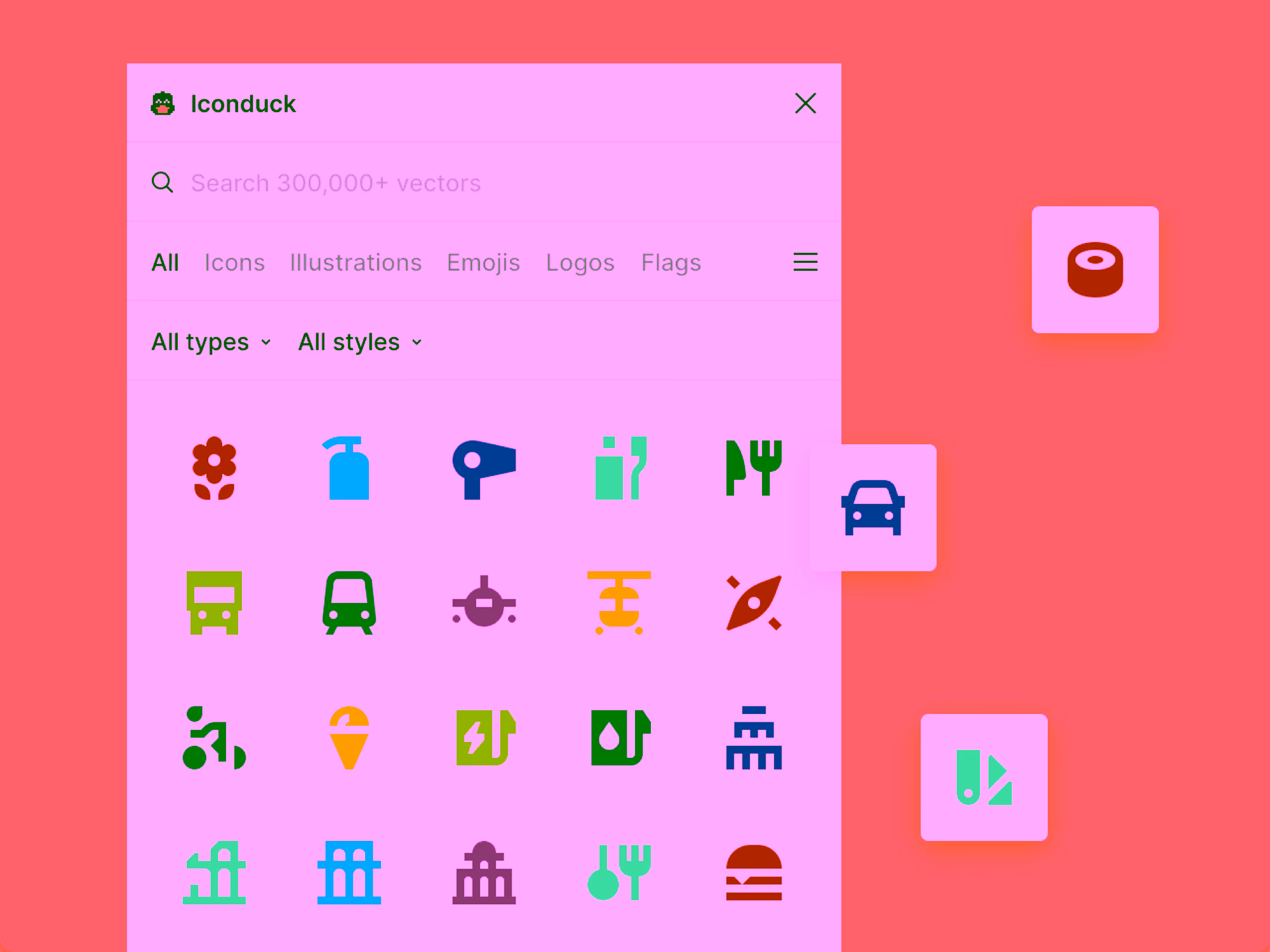 Icondock search interface showing colorful icons including a flower, fire extinguisher, hair dryer, drinking bottles, utensils, vehicles, and buildings on an orange background.