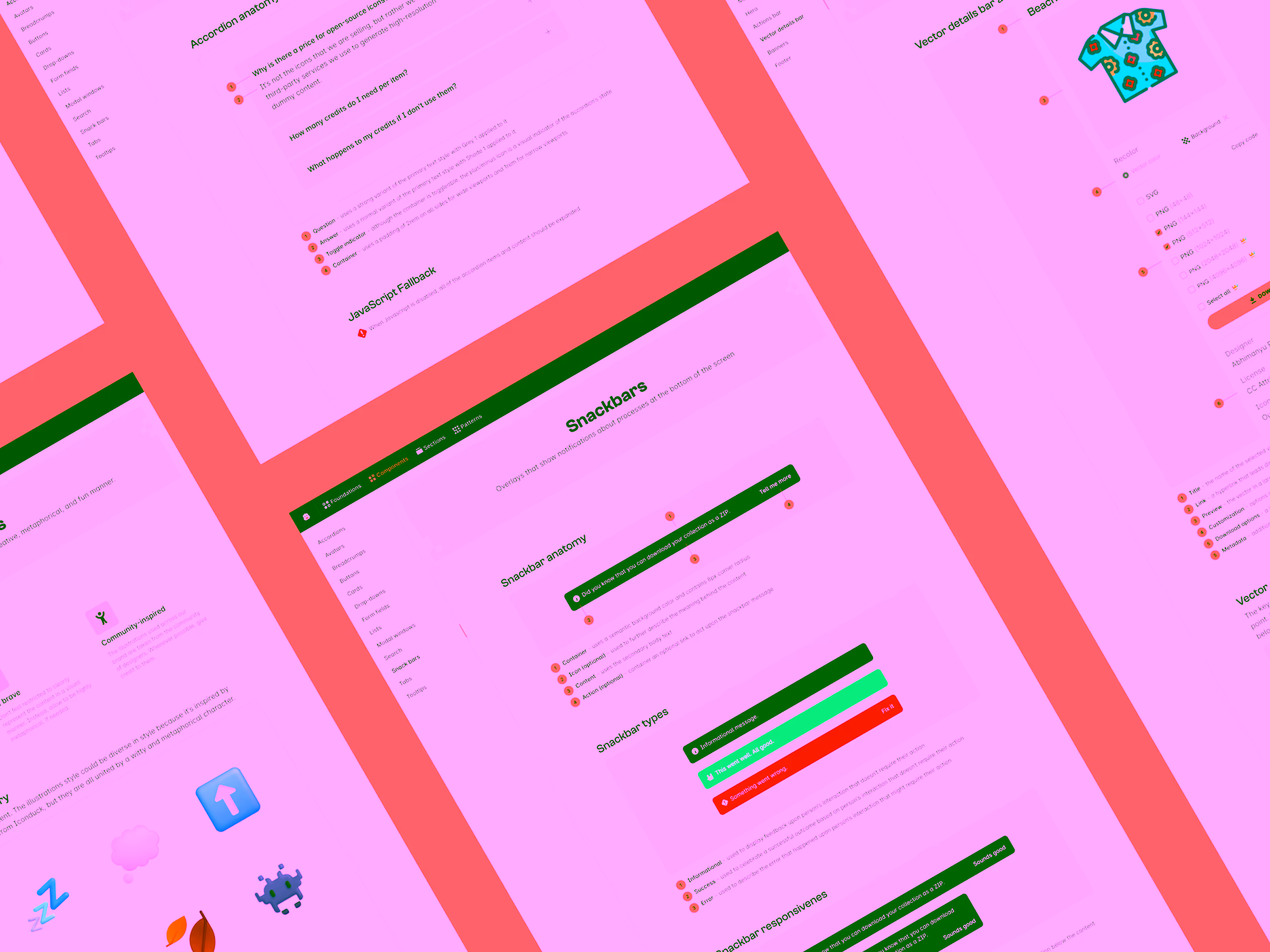 Screenshot of a UI design documentation page showing snackbar components with annotations and types on a peach background.