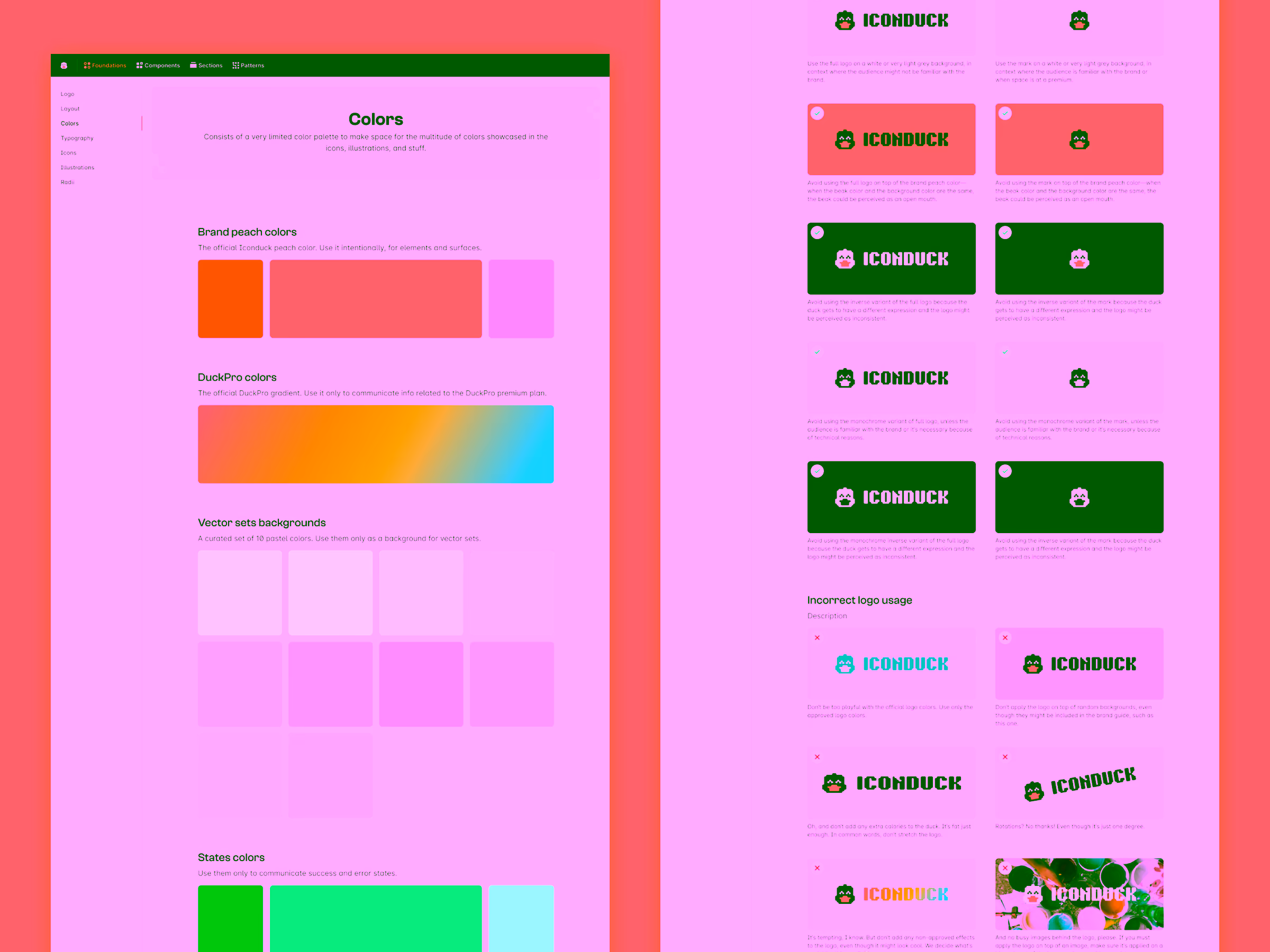 Icondock brand guidelines page showing color palettes for peach colors, DuckPro gradient, pastel vector backgrounds, state colors, and correct and incorrect logo usage examples.