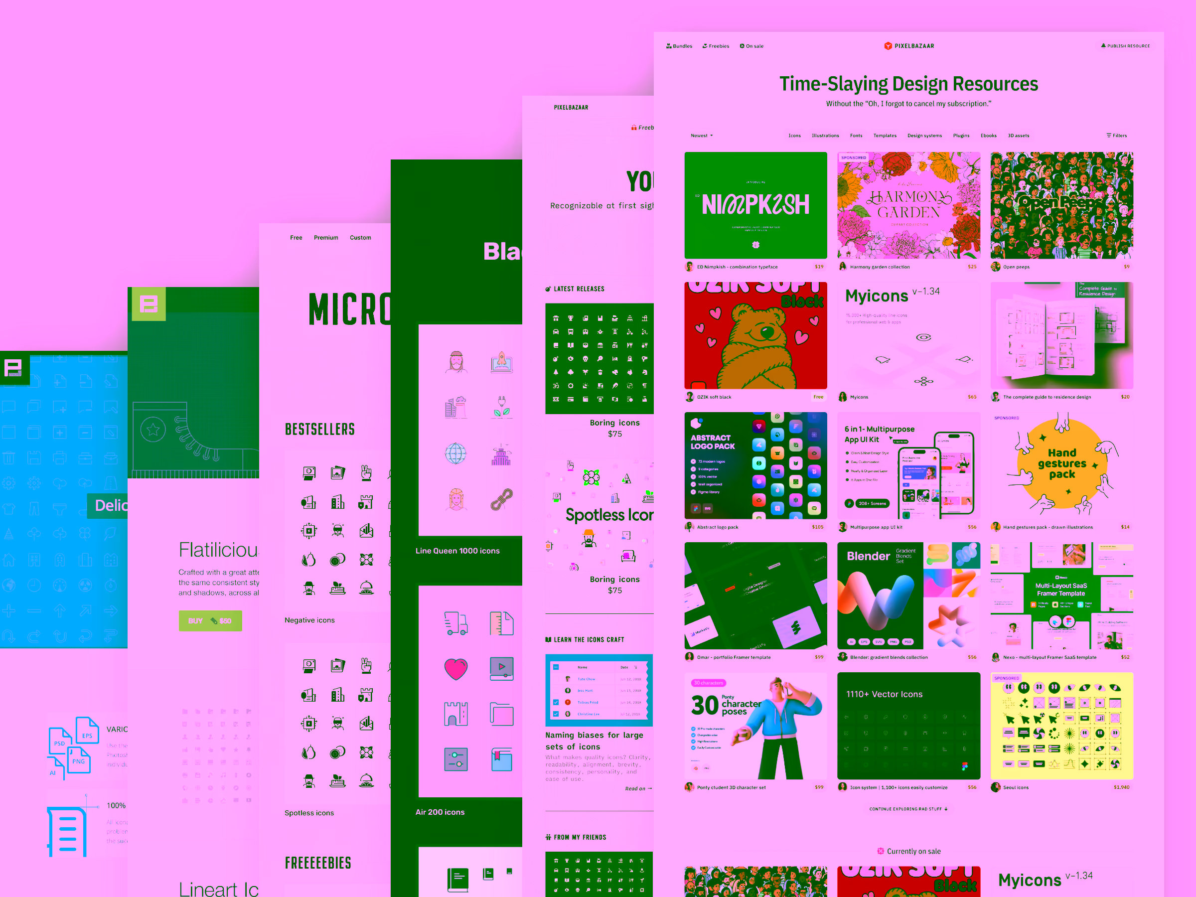 Layered website screenshots showing various icon and design resource collections with colorful thumbnails and pricing.
