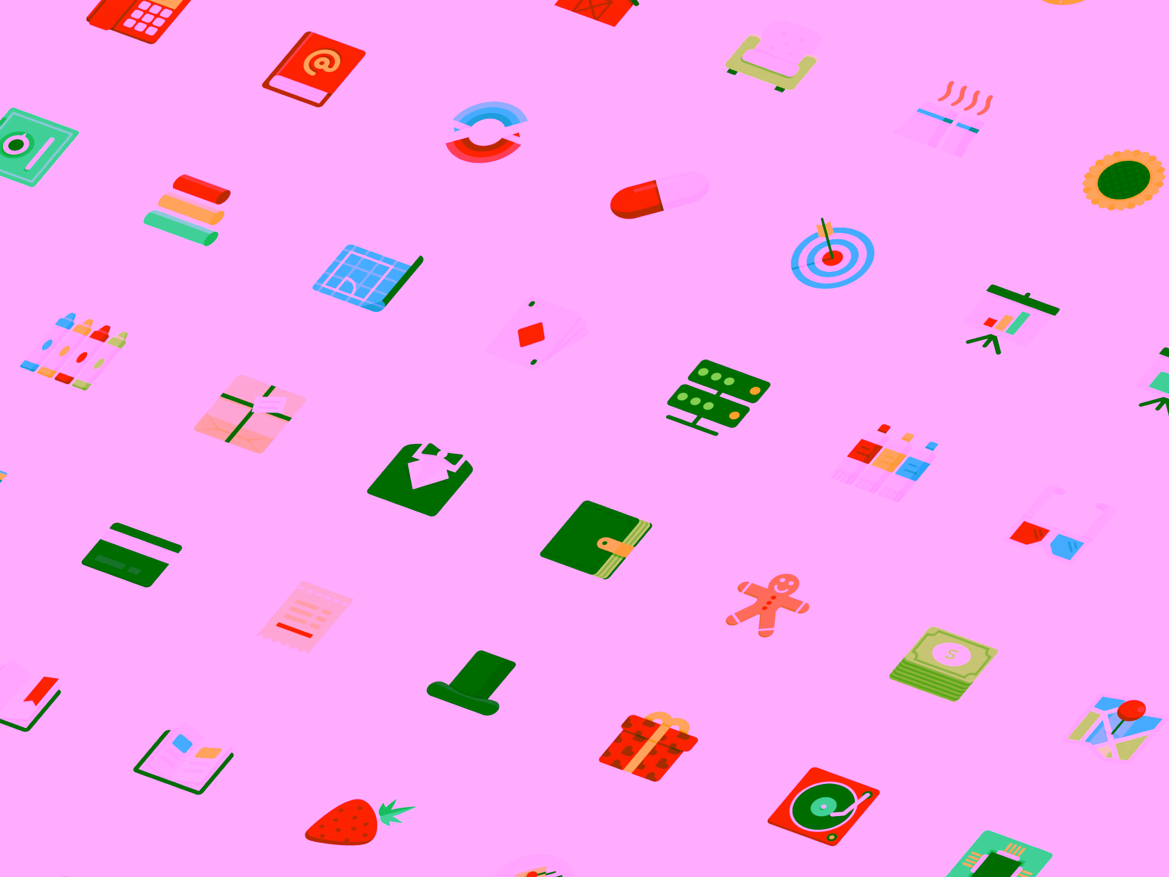 Scattered colorful icons on white background including a red calculator, green chair, gingerbread man, gift boxes, strawberry, credit card, target, and paint tubes.