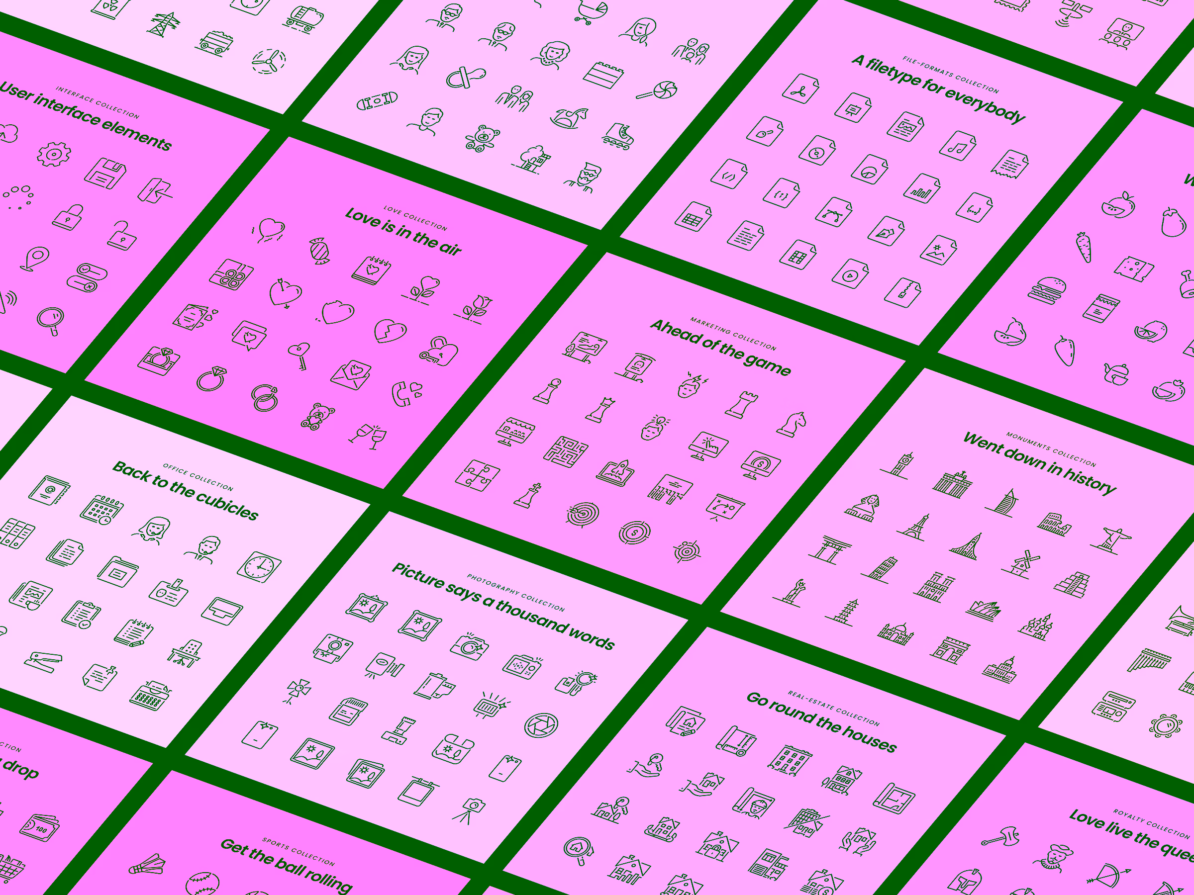 A diagonal grid displaying colorful squares with collections of black outlined icons, each square featuring themed icon sets like user interface, love, file formats, marketing, monuments, office, photography, real estate, and sports.
