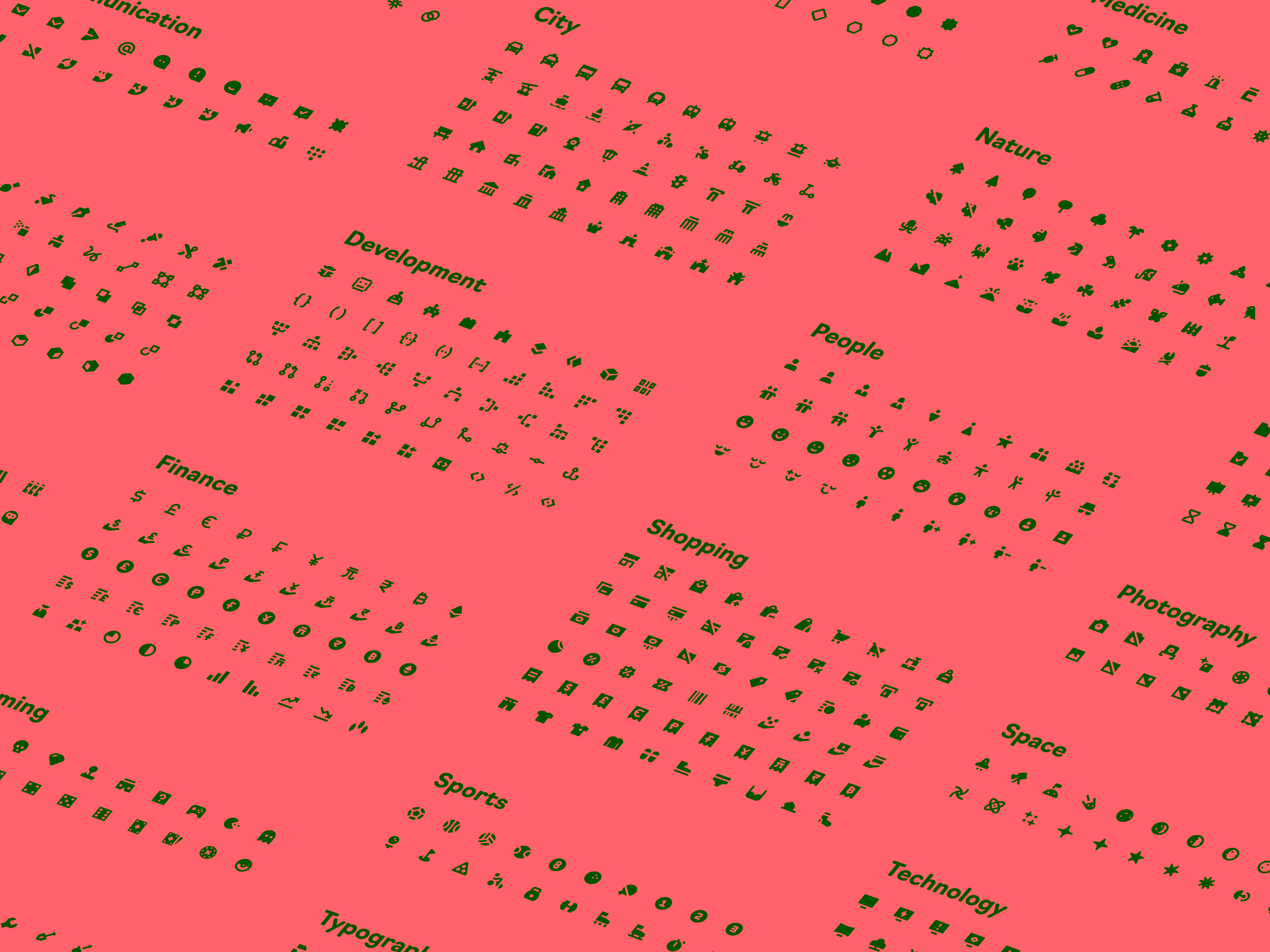 Orange background with various black icons grouped by categories like Communication, City, Nature, Medicine, Development, People, Finance, Shopping, Photography, Space, Sports, Technology, and Gaming.