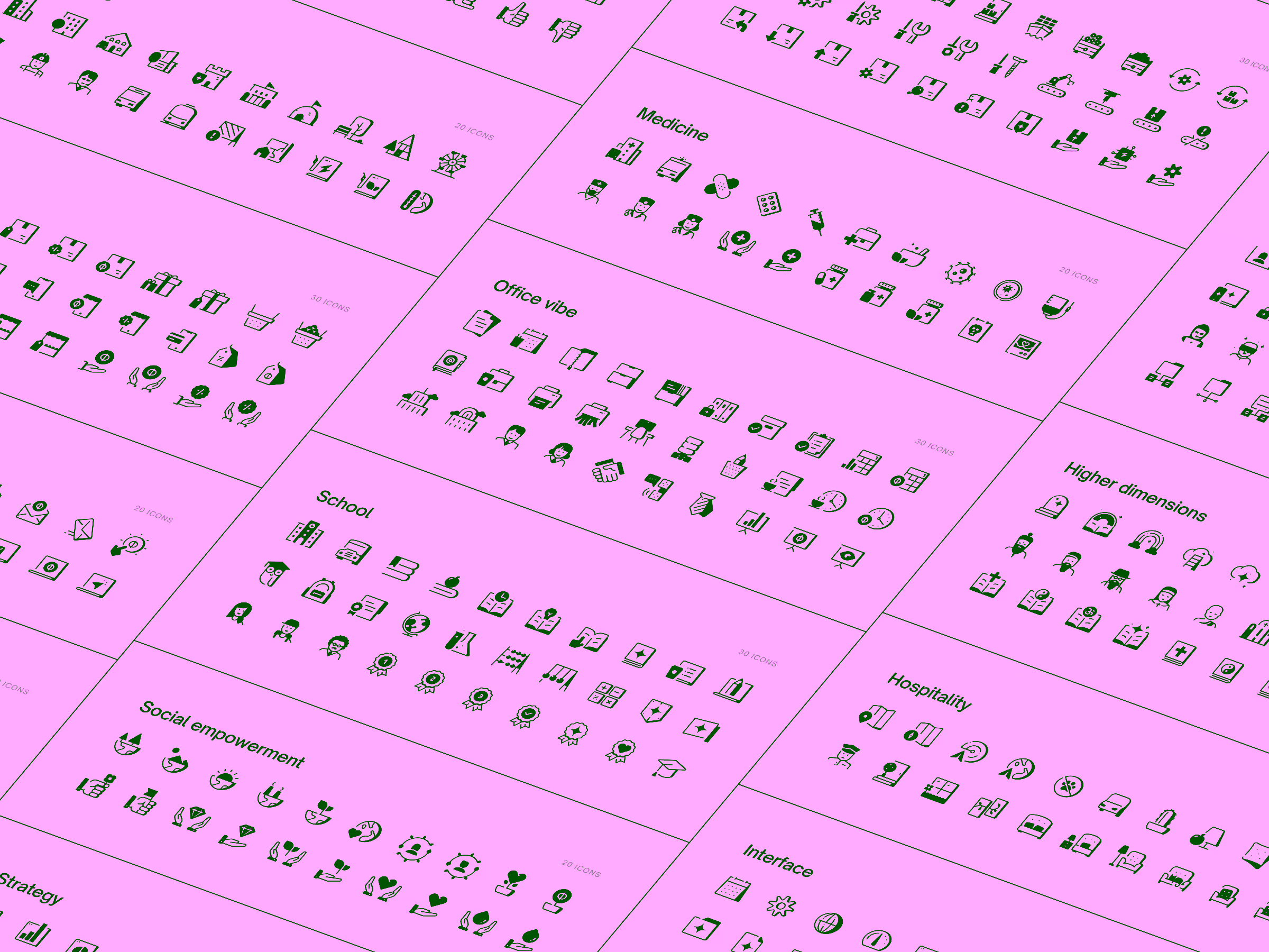 Black and white icons grouped by themes including Medicine, Office vibe, School, Higher dimensions, Social empowerment, Hospitality, and Interface.