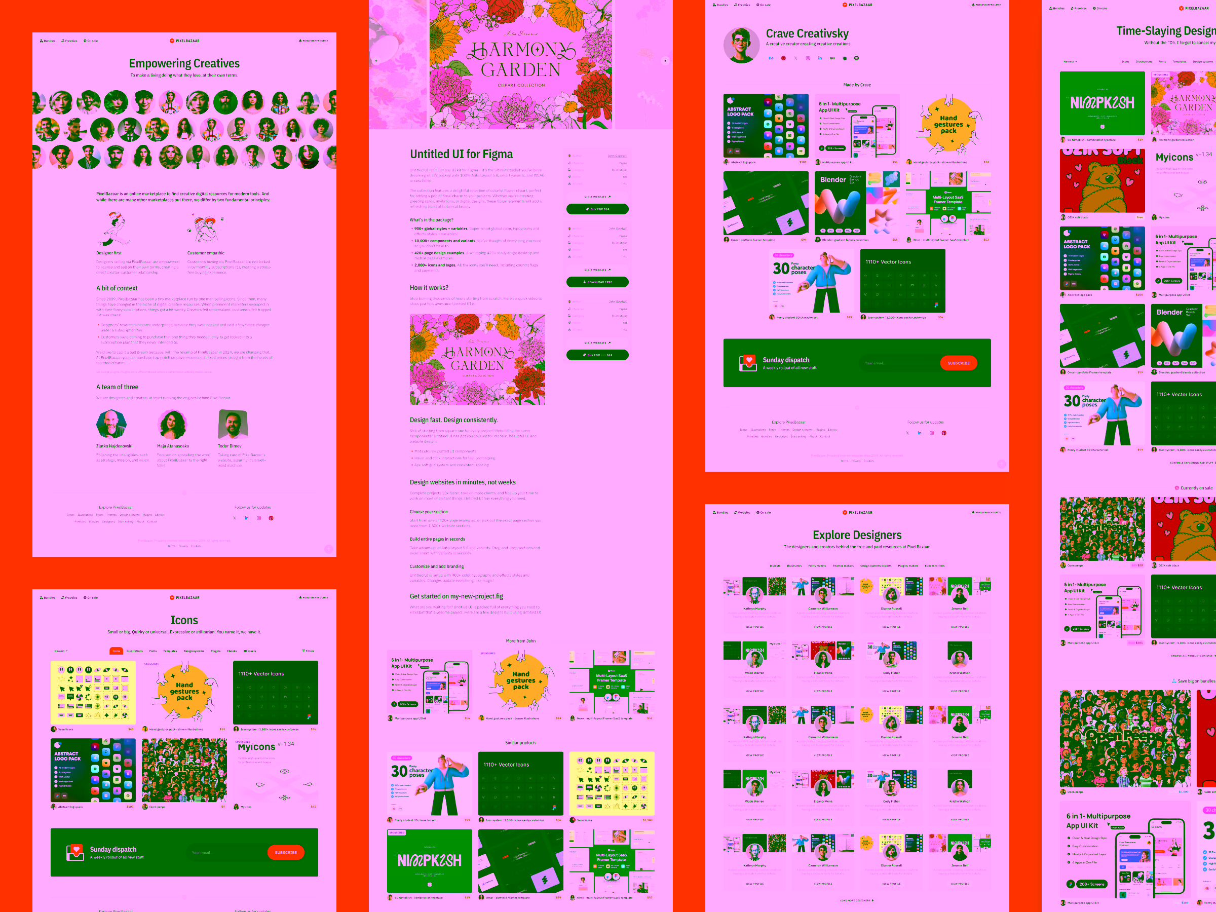 Webpage screenshots showing Pixelbazaar's homepage sections including Empowering Creatives, Harmony Garden UI kit, Crave Creativsky portfolio, Icons collection, and Explore Designers directory.