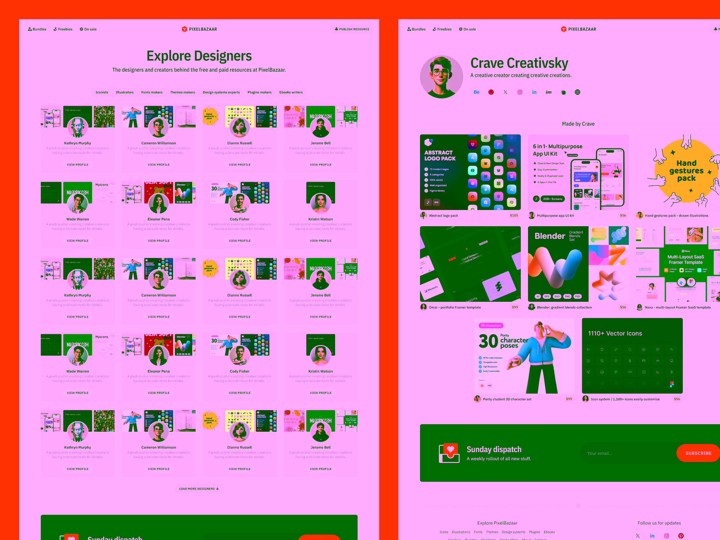 Website interface showing two sections: on the left, profiles of designers with photos, names, and a 'View Profile' button; on the right, a profile of designer Crave Creativsky with social links and a grid of digital creative resource products available for purchase with prices.