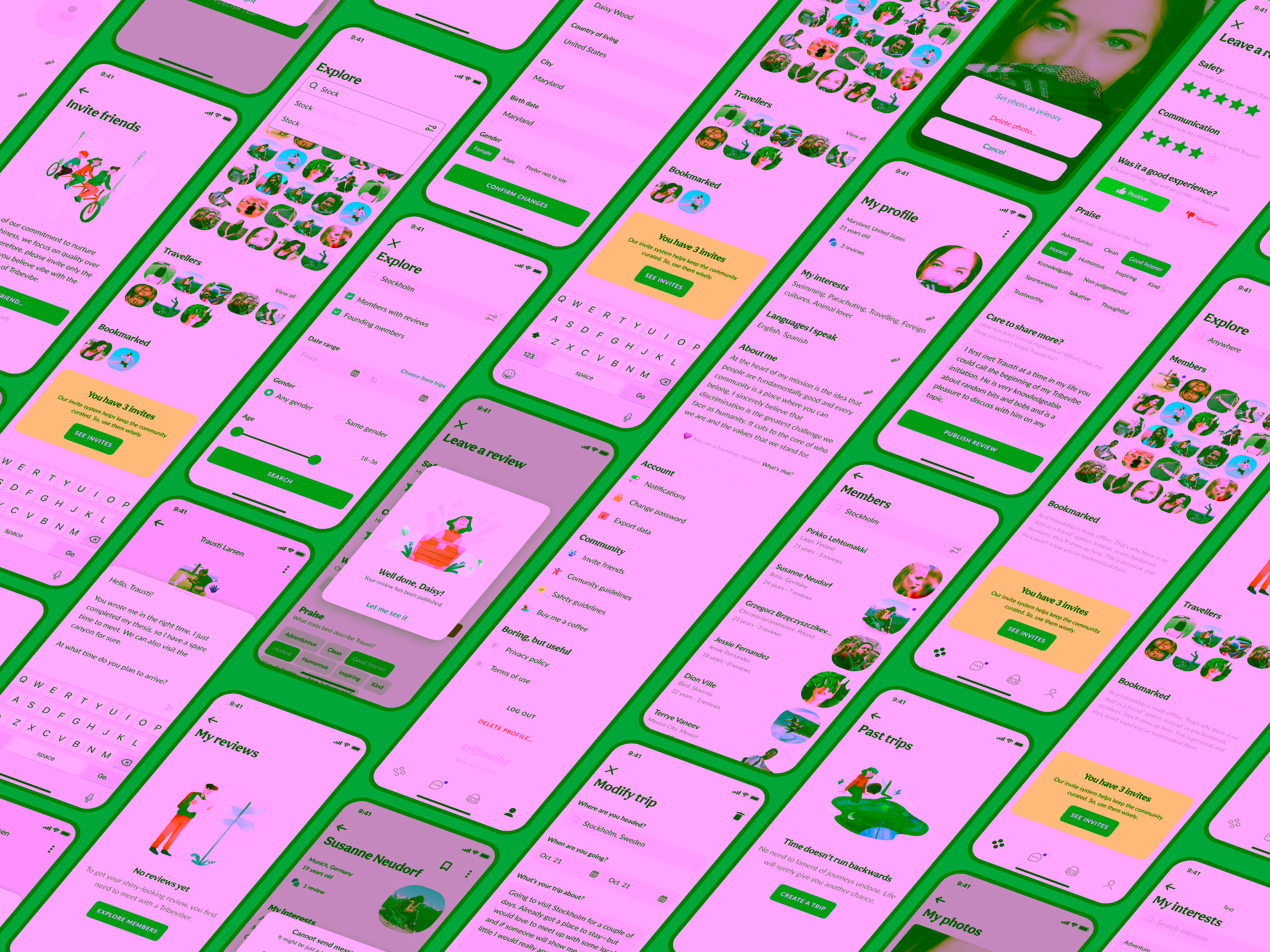 Grid of mobile app screens displaying user profiles, reviews, trip planning, and social features for a community travel app called TribeVibe.