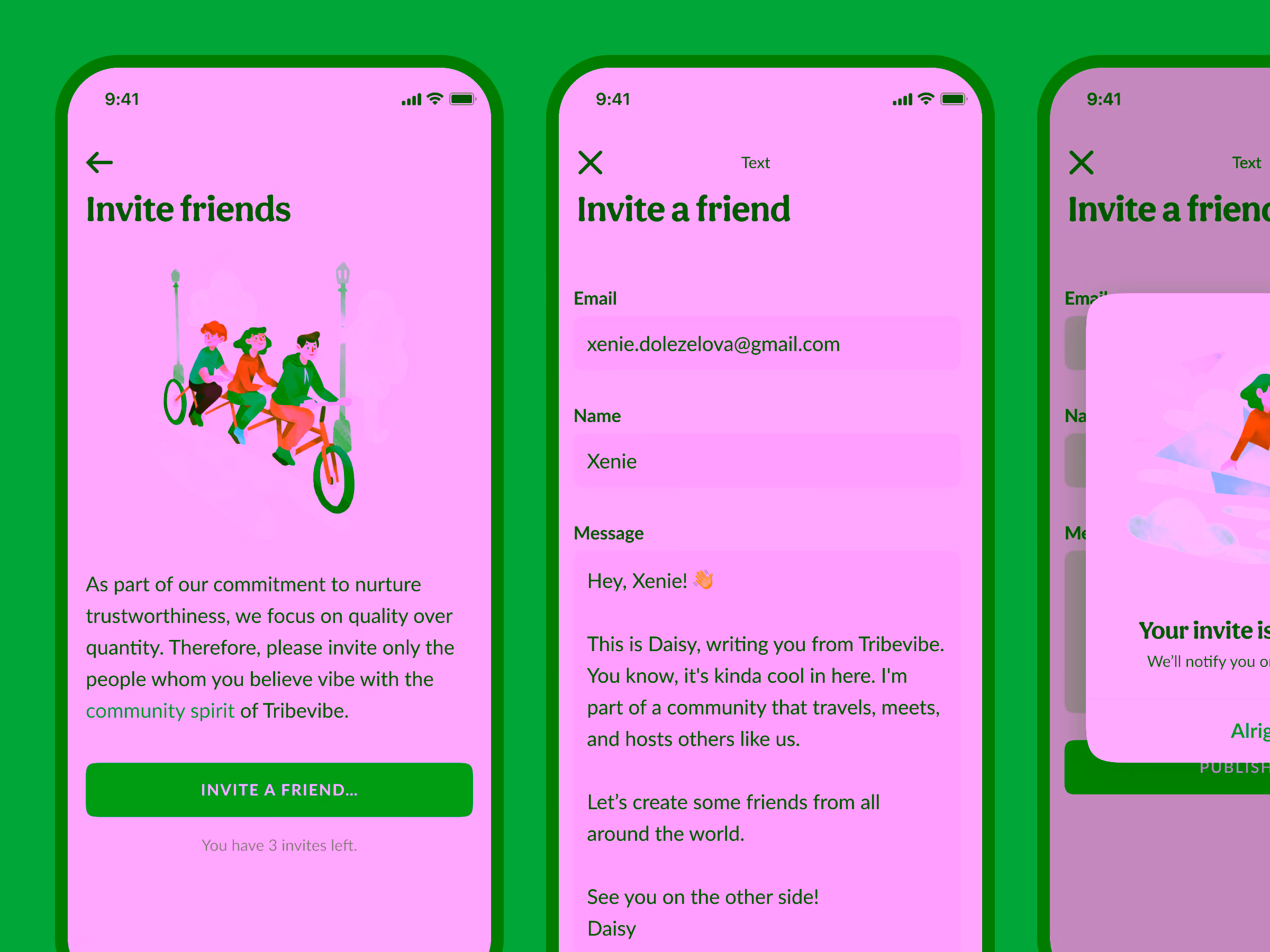 Three phone screens showing an invite friends flow in an app, with illustrations of people on a tandem bike, an email invite form, and a confirmation popup.