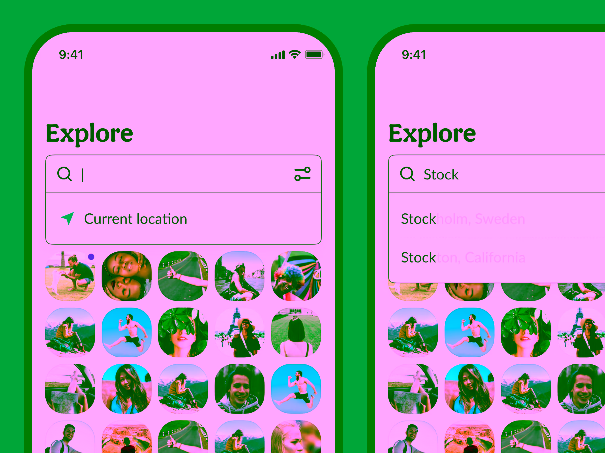 Mobile app screens showing an Explore section with a search bar, location filter, and a grid of diverse user profile pictures.