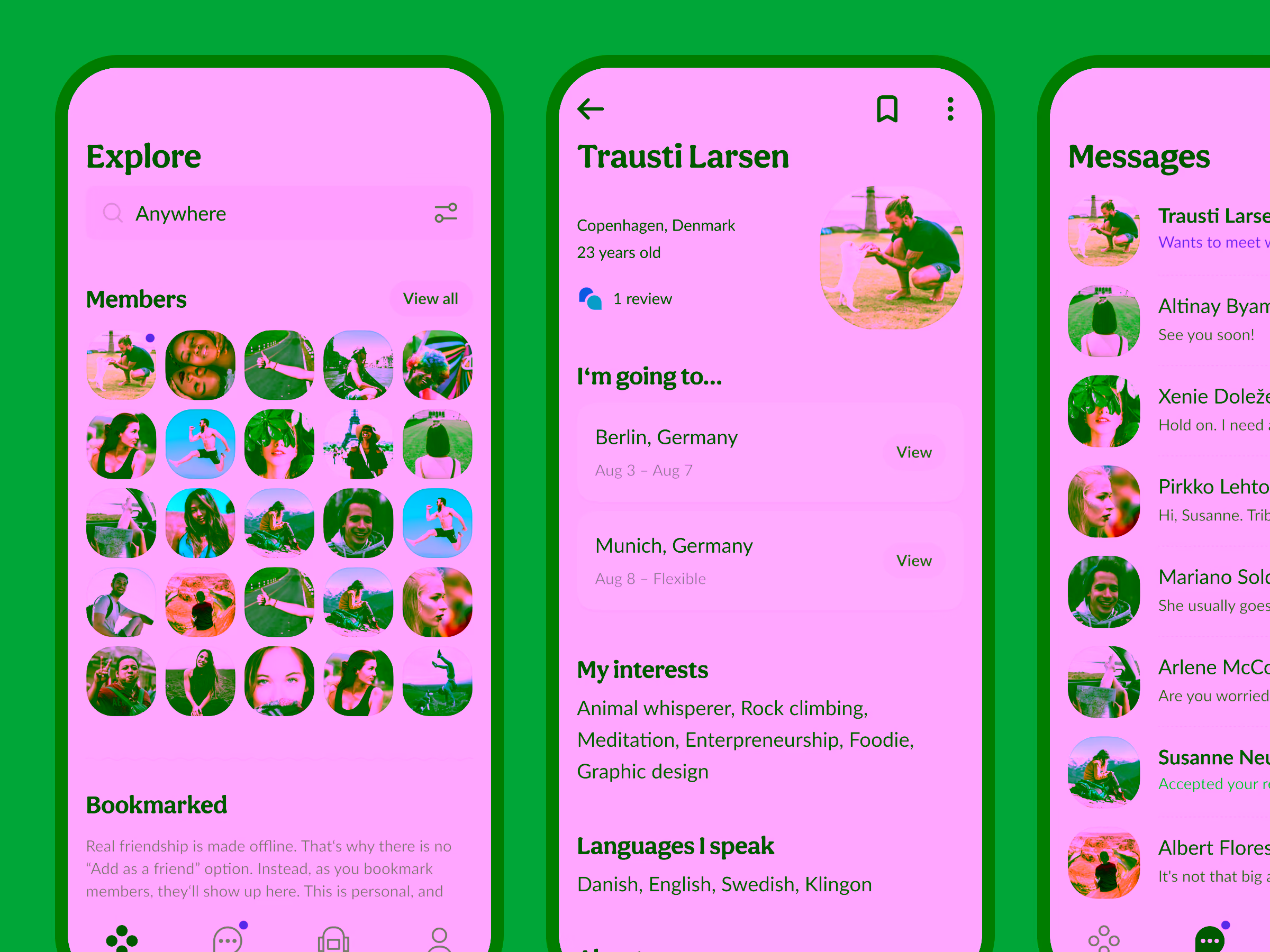 Mobile app interface showing three screens: member profiles grid under Explore, detailed user profile of Trausti Larsen with trips and interests, and Messages list with user conversations.