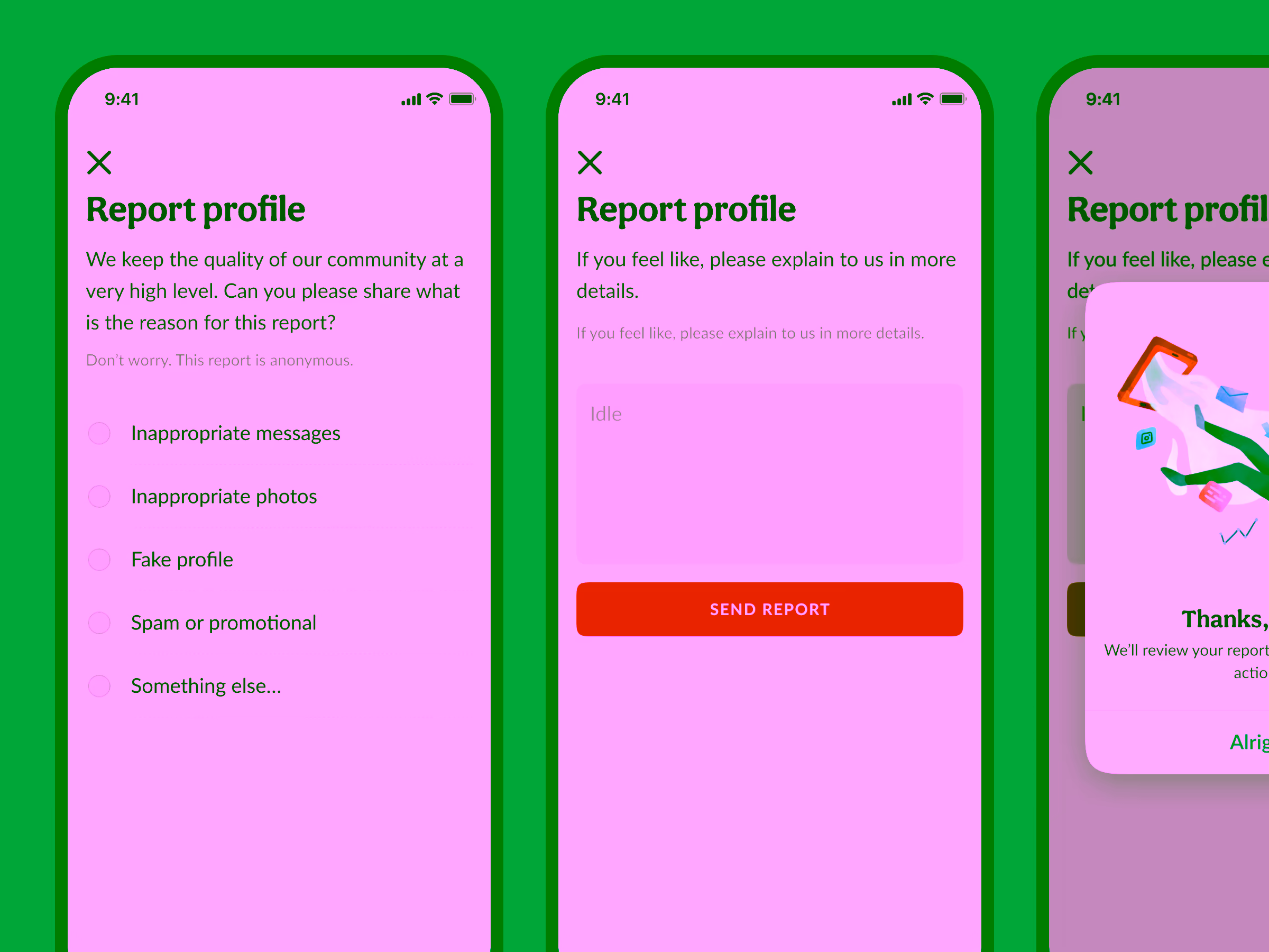 Three mobile screens showing a multi-step report profile process with options for reasons, a text field for details, and a thank you confirmation message.
