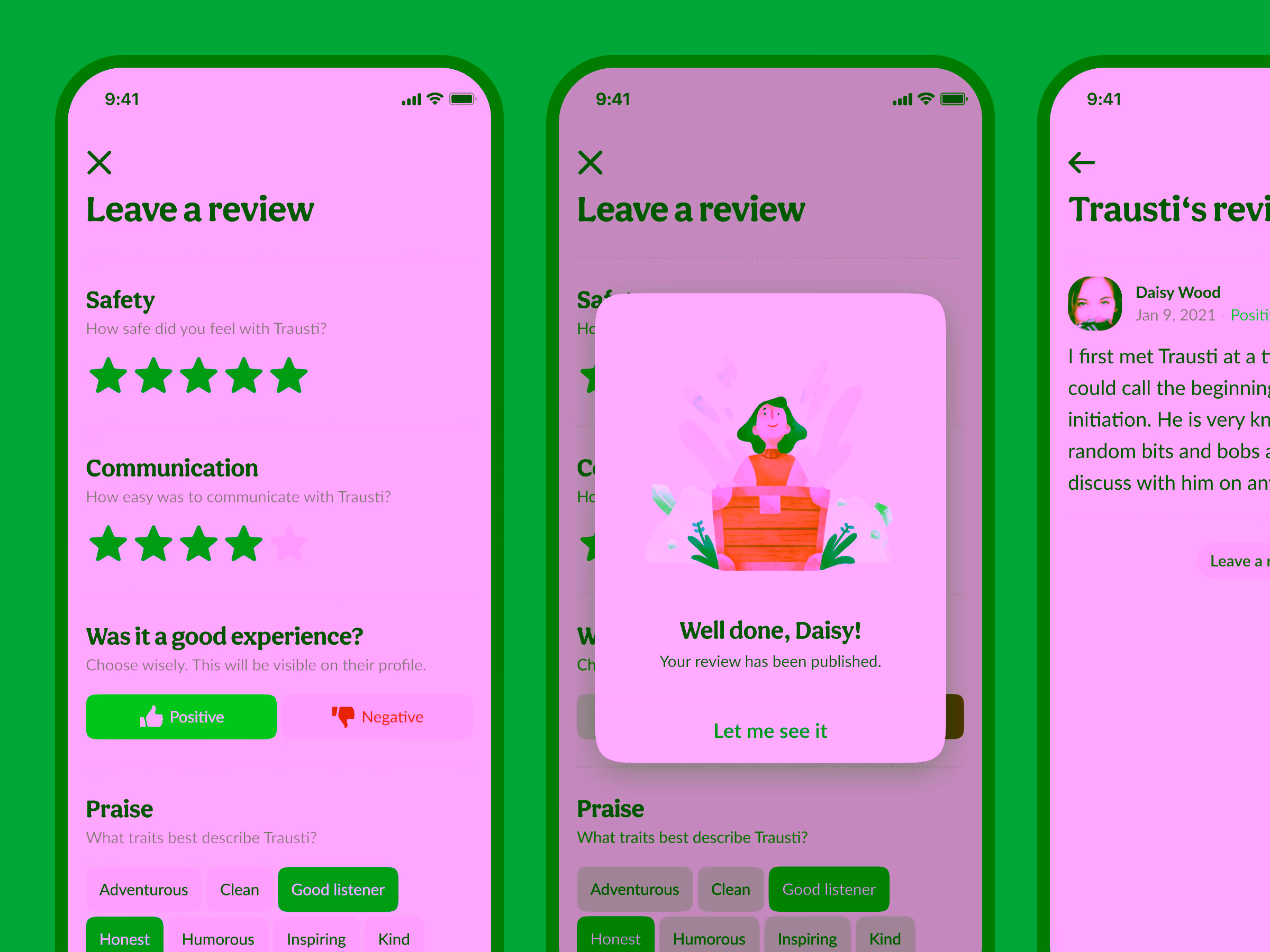 Mobile app screens showing a review submission process with star ratings for safety and communication, positive feedback selection, and a confirmation message saying 'Well done, Daisy! Your review has been published.'