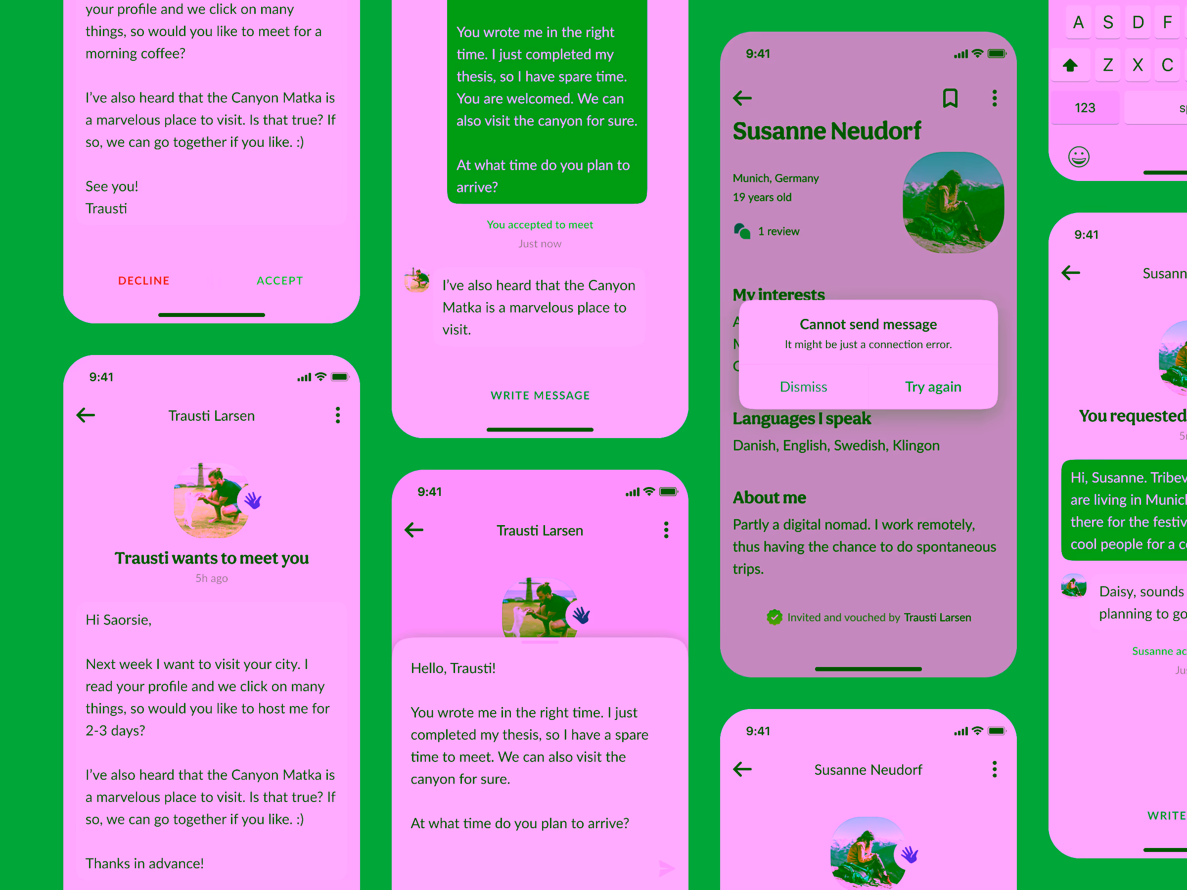 Screenshots of a mobile app showing user profiles and messaging, including conversation about visiting Canyon Matka, message send error, and meeting requests.