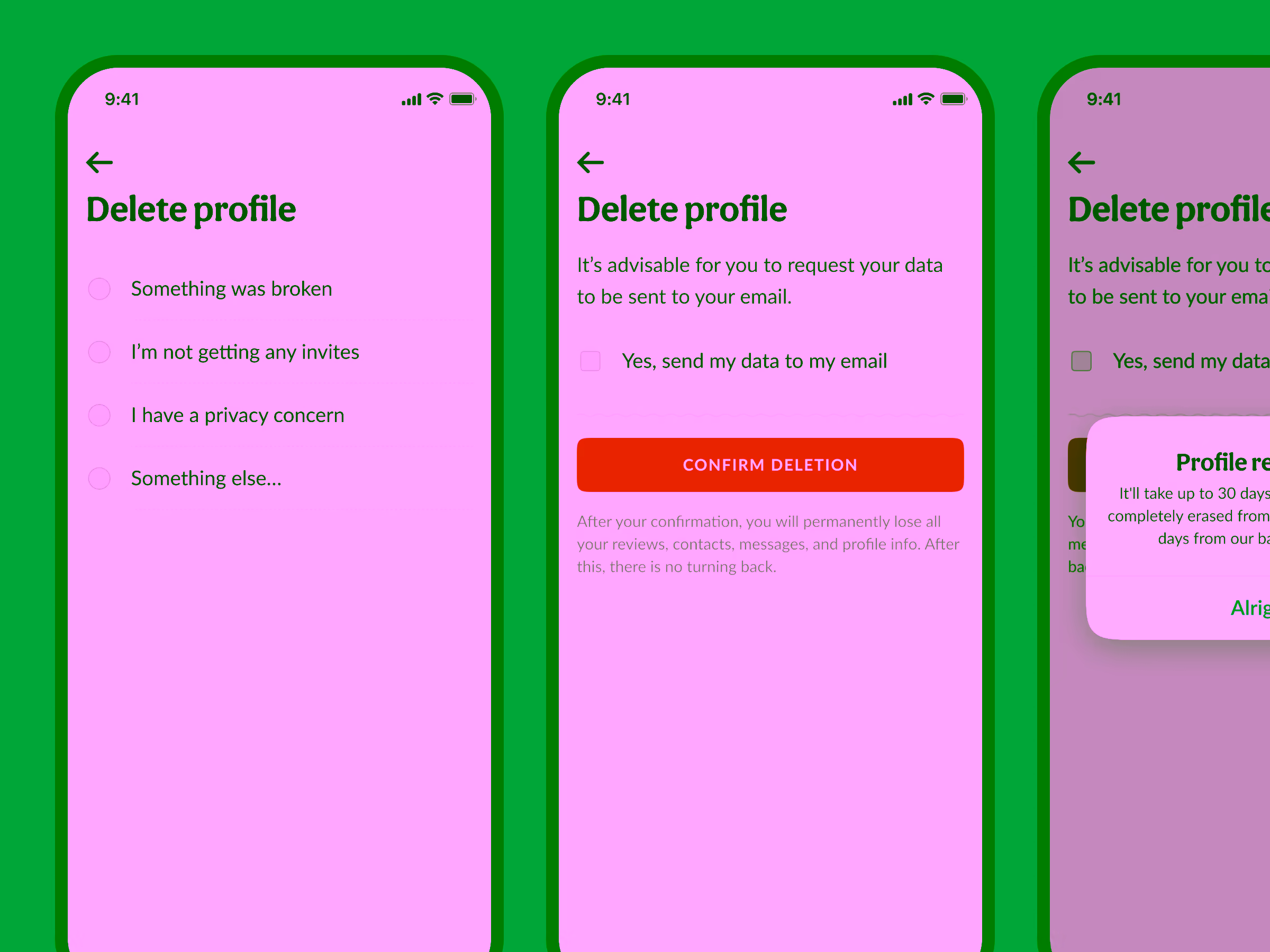 Three mobile screens showing a profile deletion flow with reasons for deletion, email data request option, and a confirmation dialog.