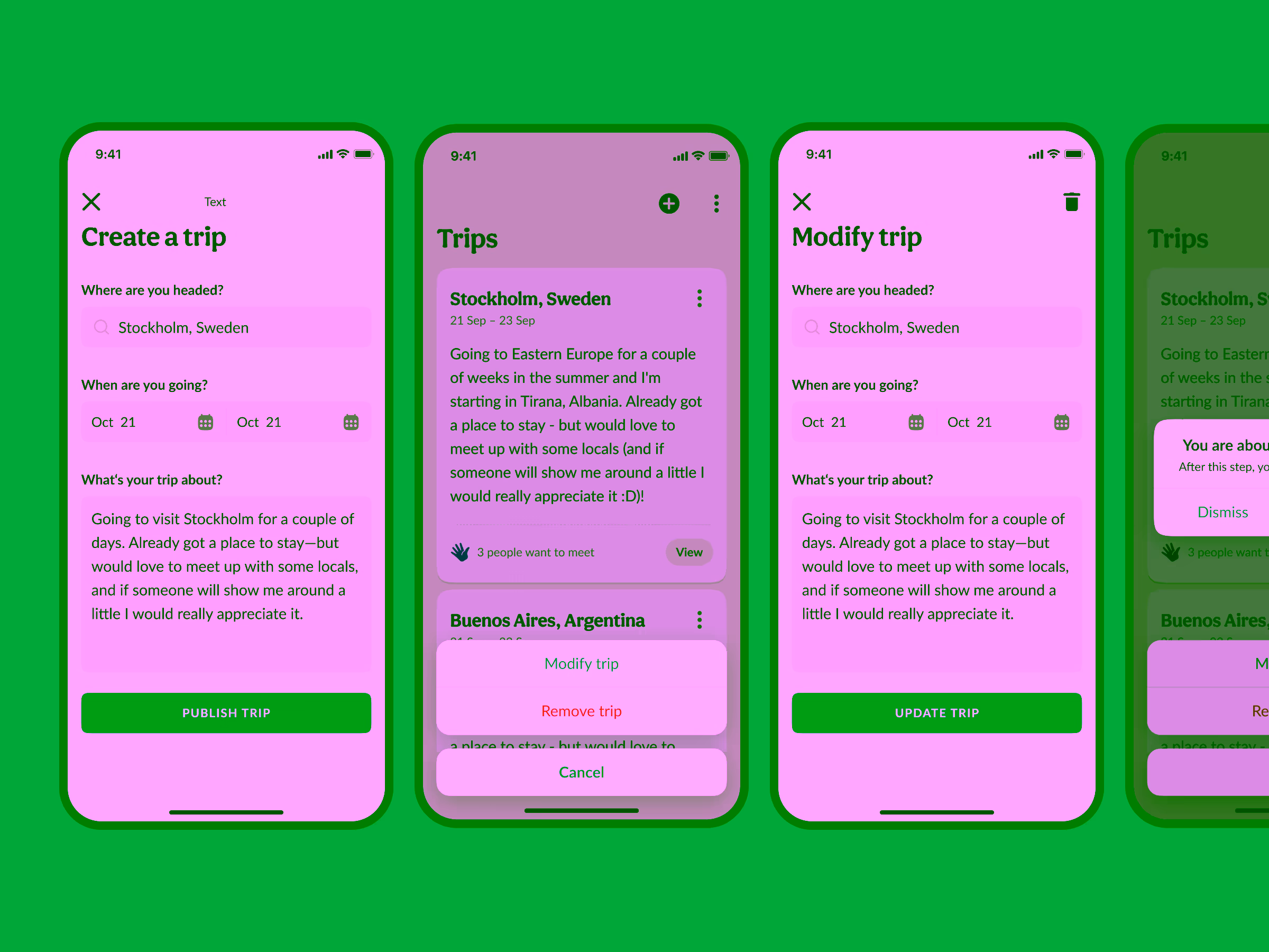 Four smartphone screens showing a trip planning app with trip creation, trip list with options to modify or remove trips, and a trip modification form.