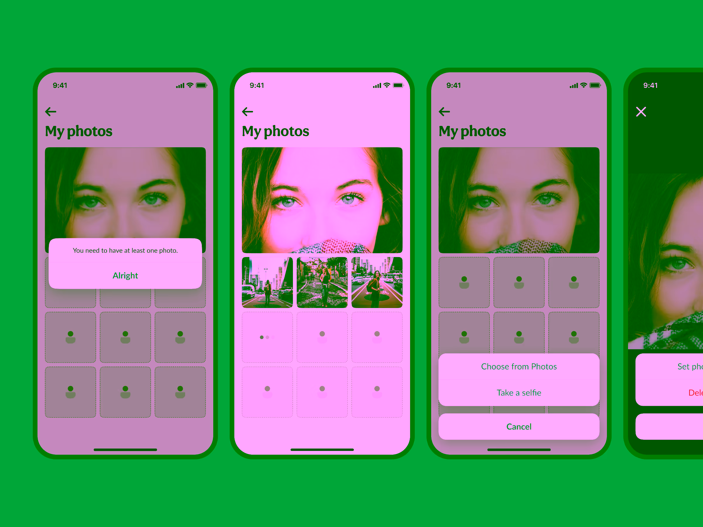 Mobile app screens showing a 'My photos' section with multiple photo slots, one screen displays a popup stating 'You need to have at least one photo', another shows options to choose photos or take a selfie, and another screen partially shows an option to delete a photo.