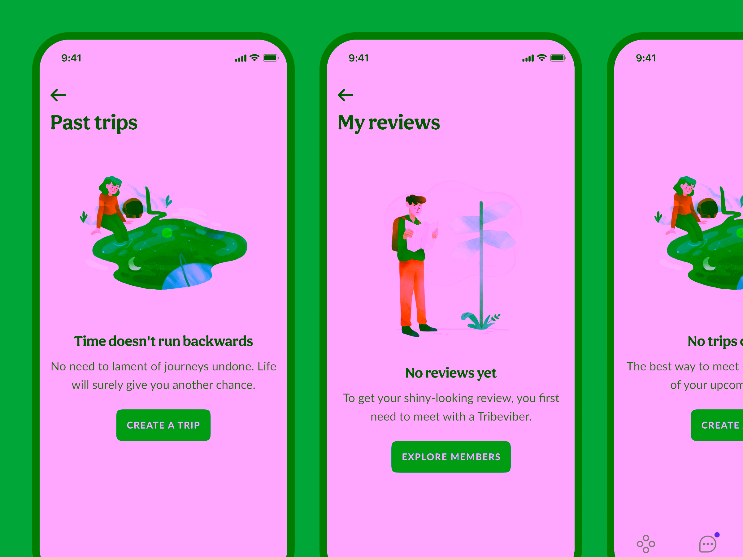 Mobile app screens showing Past trips with a woman sitting by a reflective pool titled 'Time doesn't run backwards' and My reviews with a man reading a map near signposts labeled 'No reviews yet'.