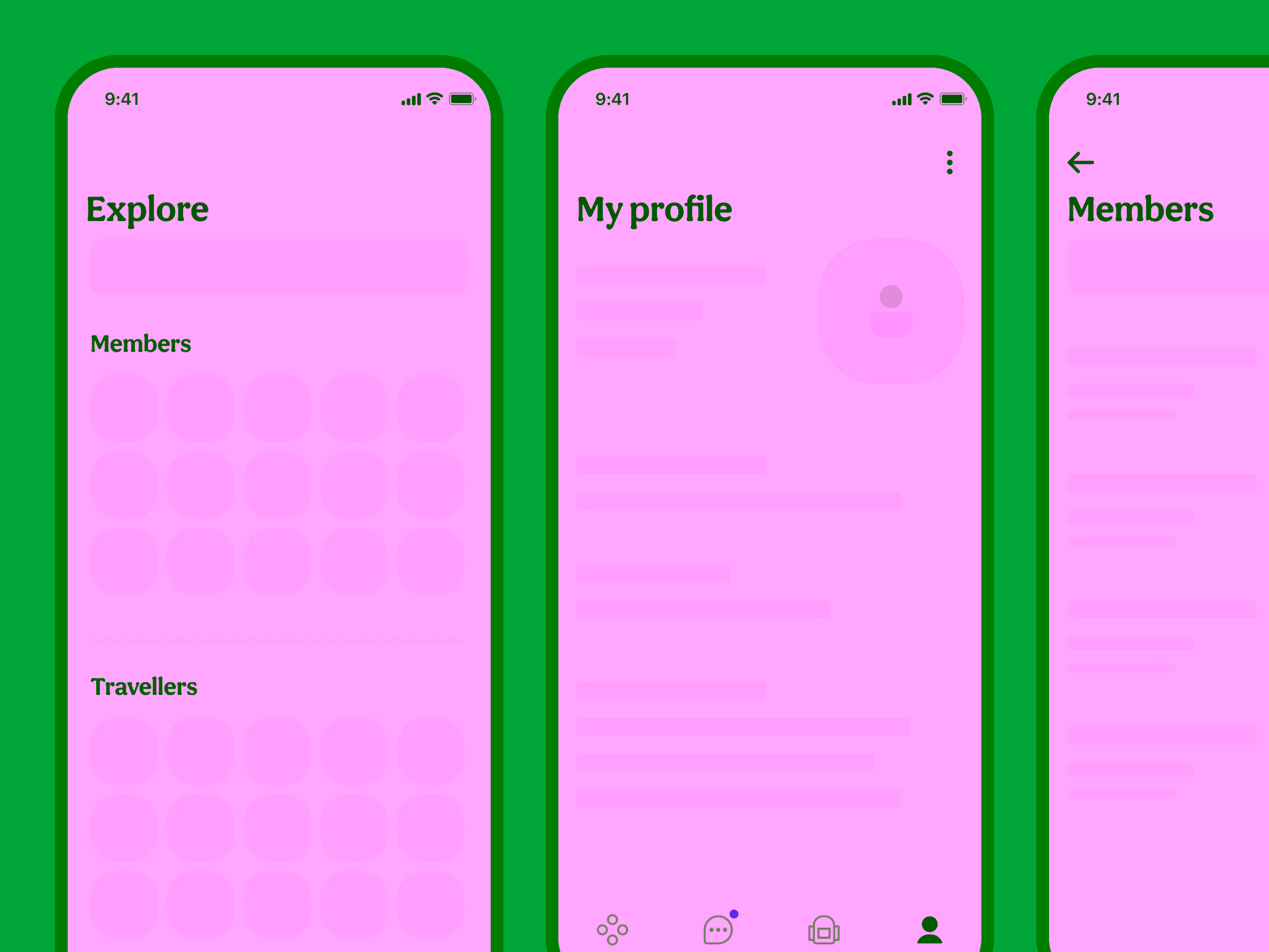 Mobile app interface showing three screens: Explore with member and traveller icons, My profile with user details and avatar icon, and Members list with back navigation.