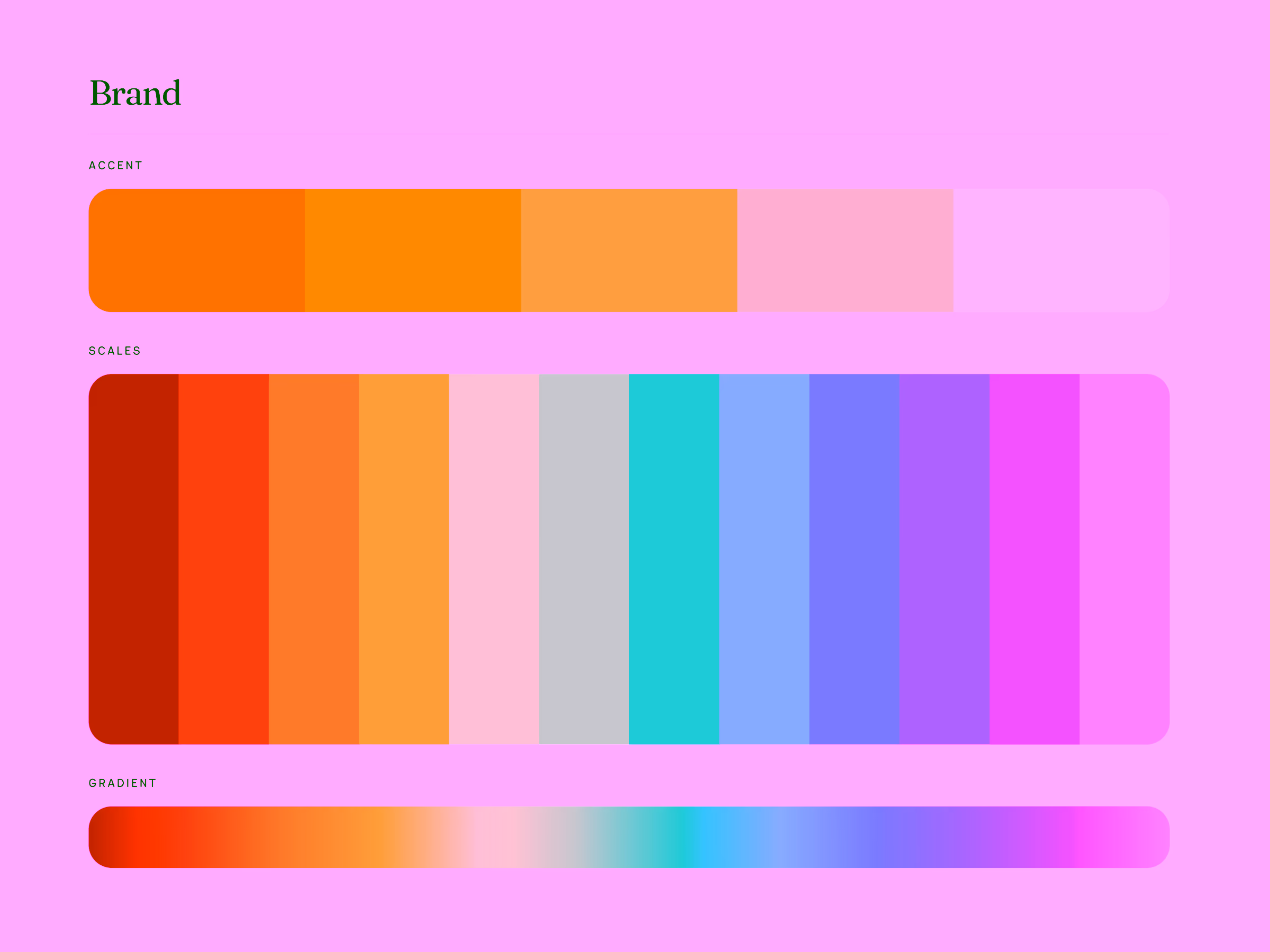 Color palette with three sections: warm yellow-orange accent shades, a multi-color scale with reds, oranges, yellows, greens, blues, purples, and pinks, and a smooth gradient blending all these colors.