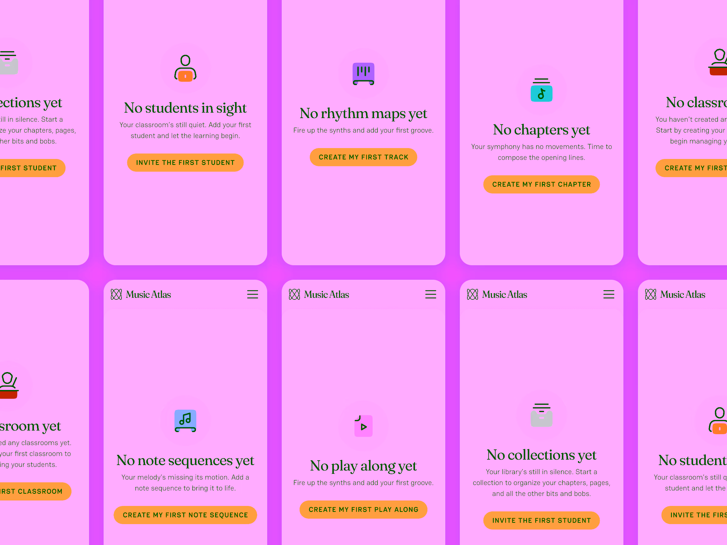 Eight white app interface cards on a purple background showing prompts for creating first music elements like students, rhythm maps, chapters, note sequences, play alongs, and collections with yellow action buttons.