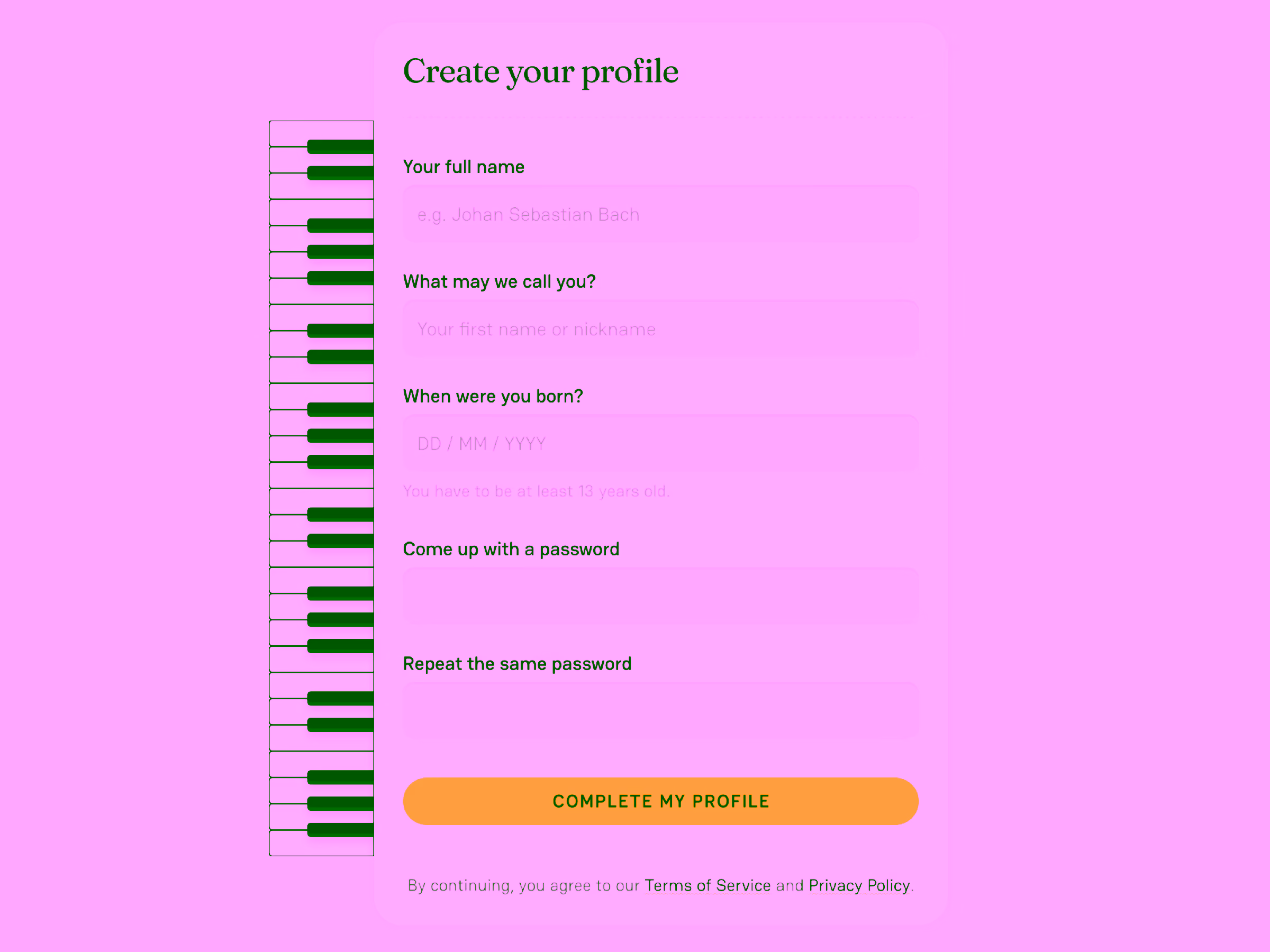 Profile creation form with fields for full name, nickname, birth date, password, and password confirmation, alongside a piano keyboard graphic on the left.