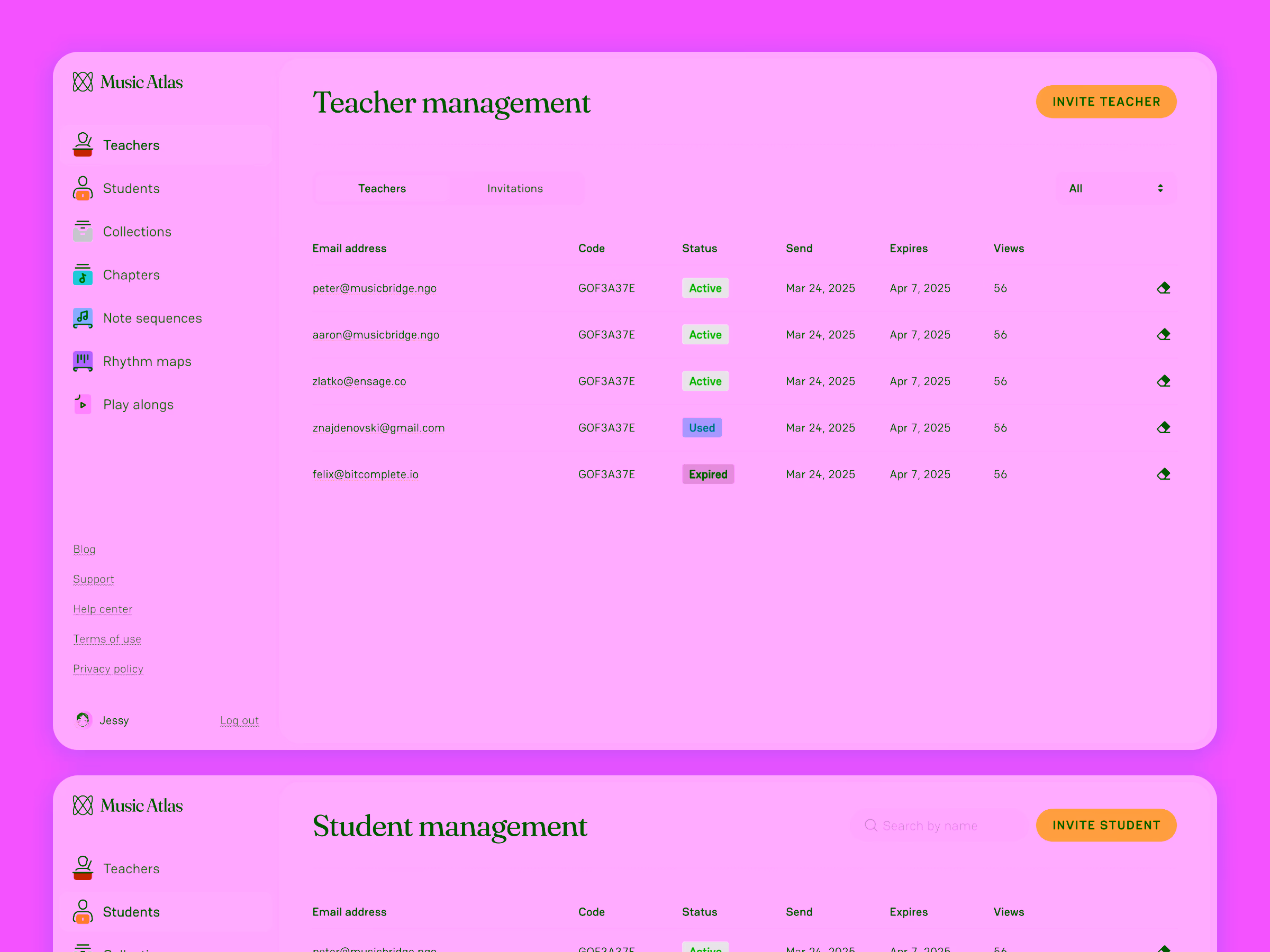 User interface of Music Atlas showing Teacher management with email addresses, status, send and expiry dates, and a menu sidebar; Student management section partially visible below.