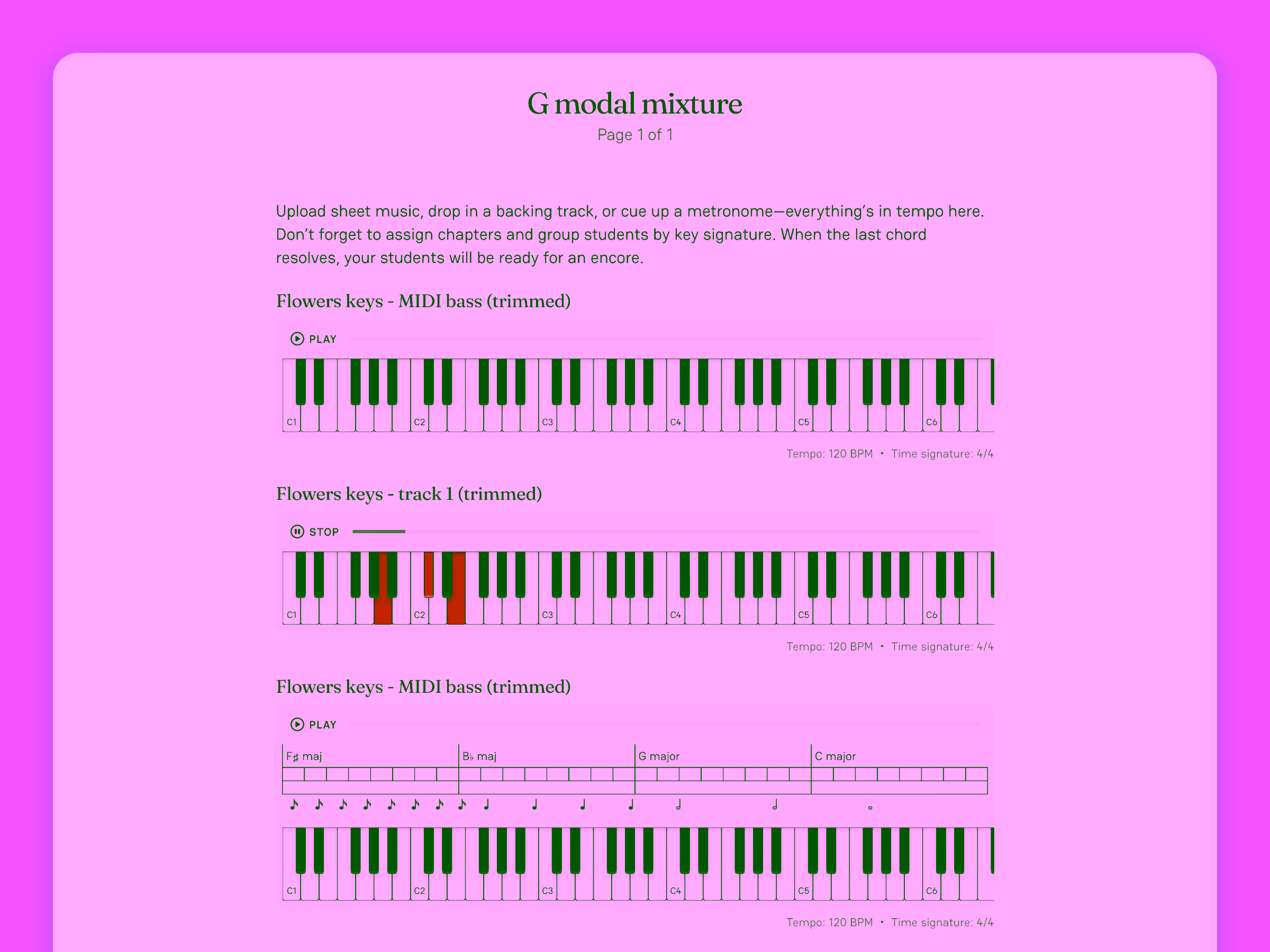Web interface titled 'G modal mixture' showing three sections with playable digital piano keyboards and sheet music notes, tempo 120 BPM, time signature 4/4.