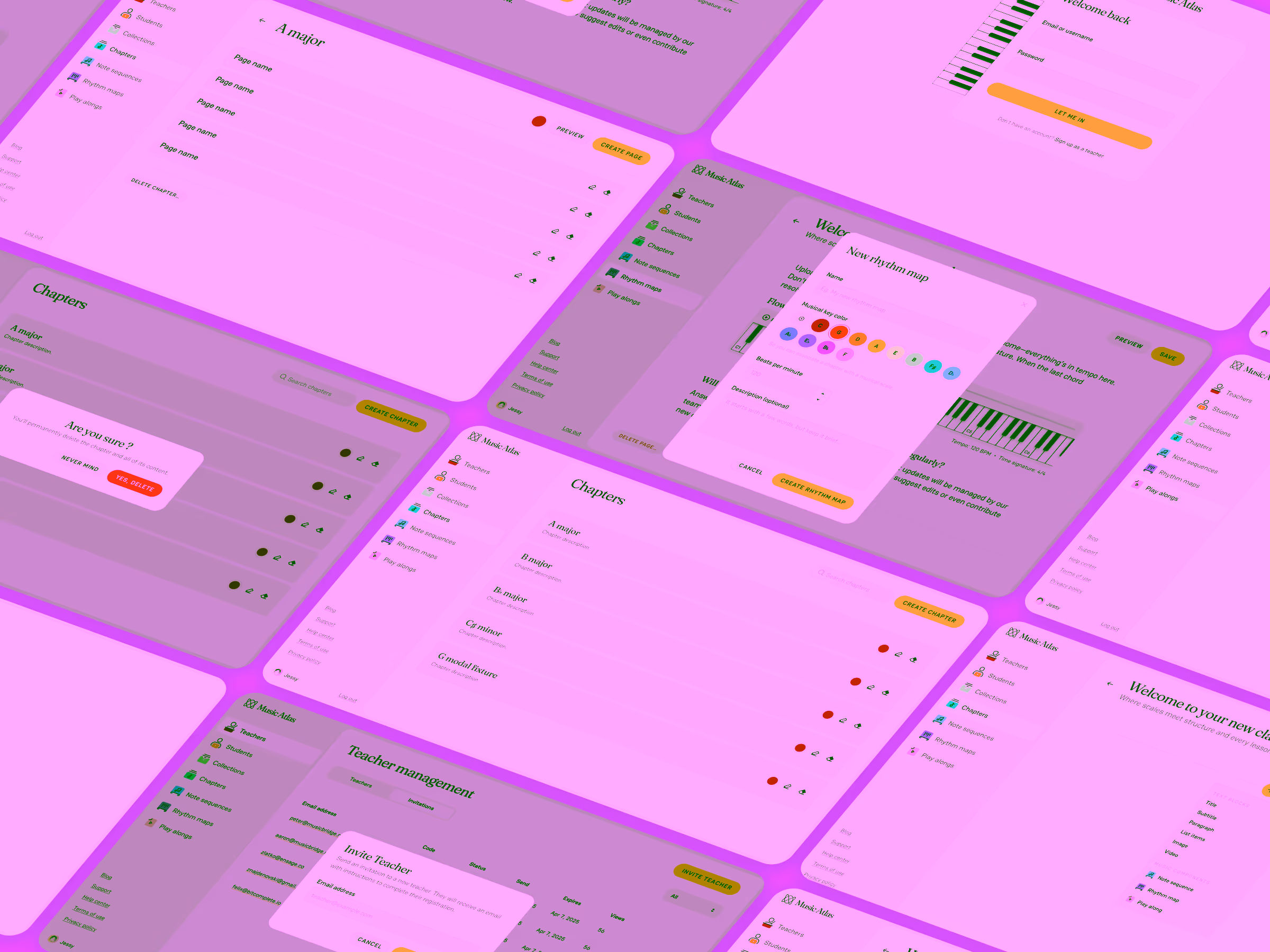 User interface screenshots of Music Atlas app showing chapters, rhythm map creation, teacher management, and login pages on a purple background.