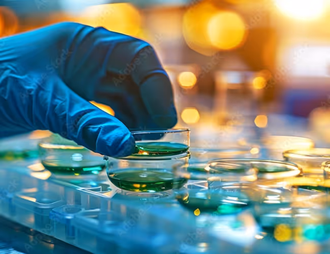 Image of a gloved hand doing labwork.