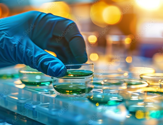 Image of a gloved hand doing labwork.