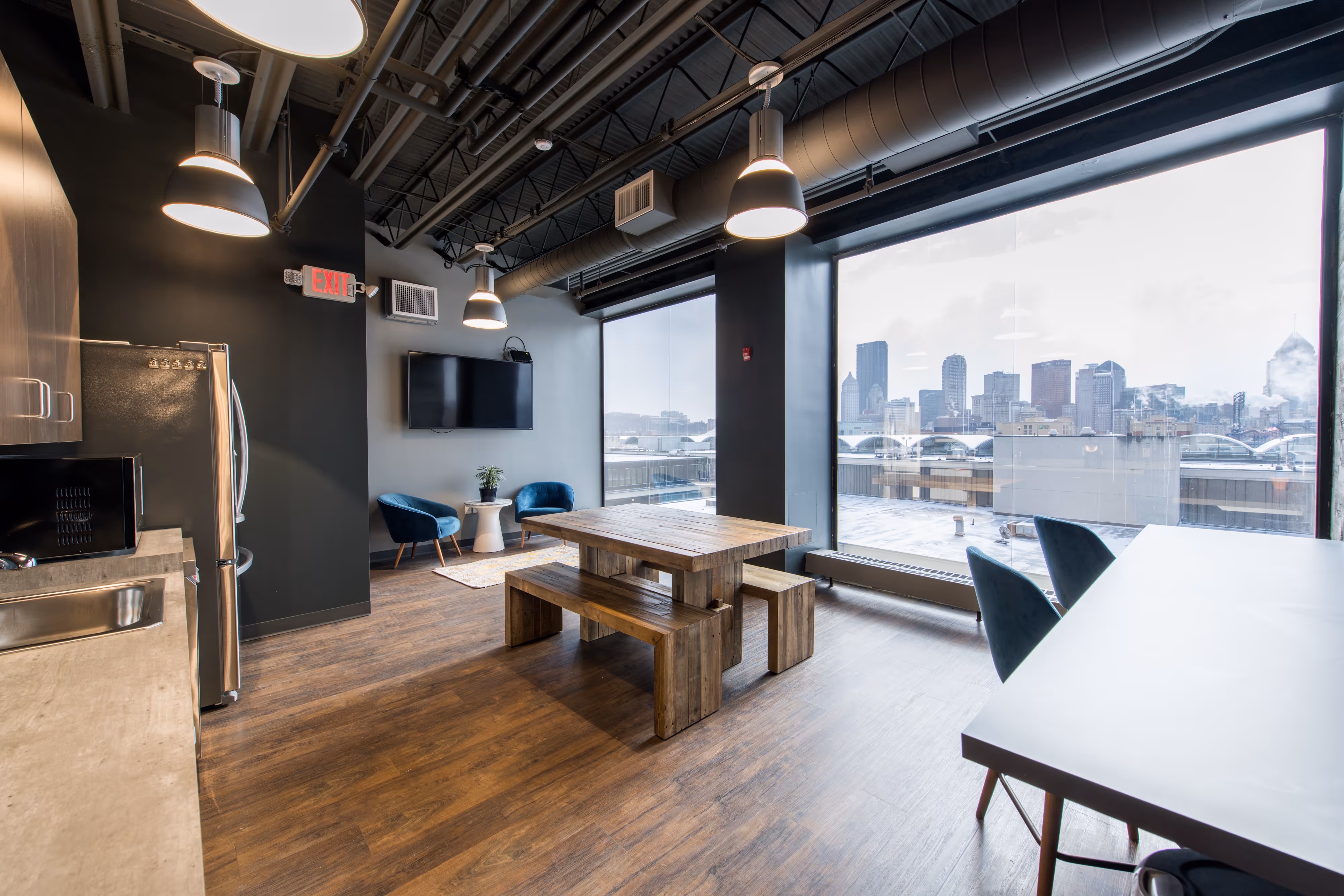 Image of the Live Nation Kitchen with large windows.