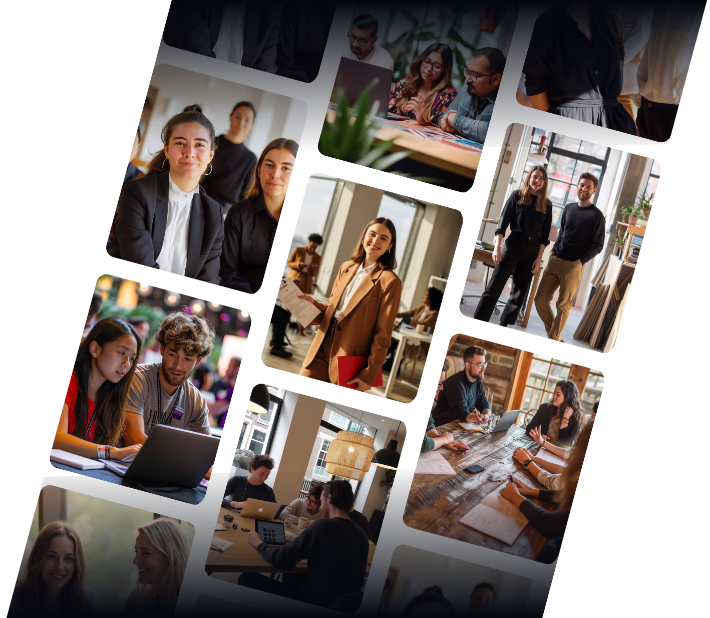 Collage of diverse groups of people in professional settings, collaborating, discussing, and working on laptops.