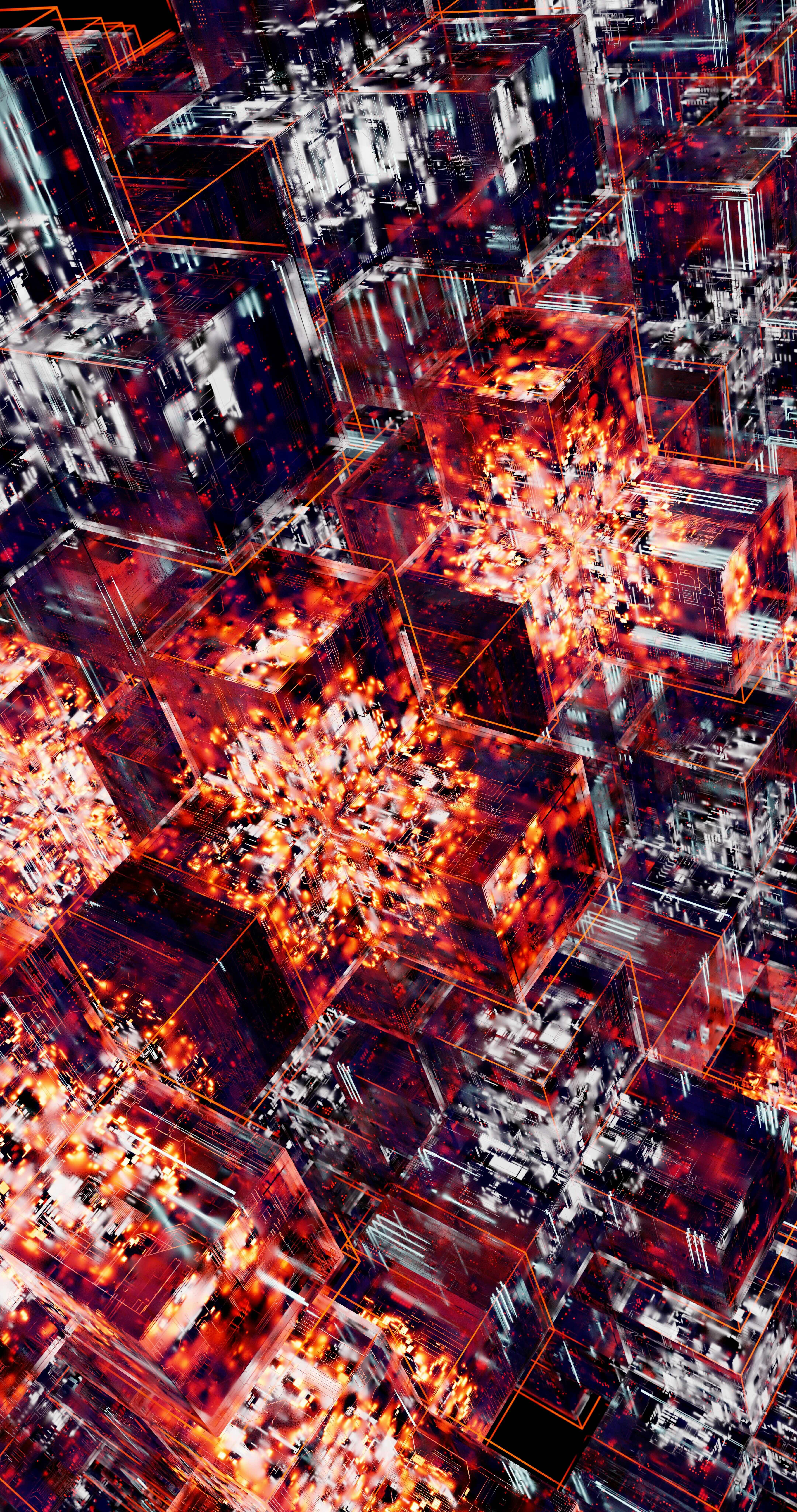 Abstract 3D digital artwork featuring transparent cubes with fiery orange and white glowing circuitry patterns inside.