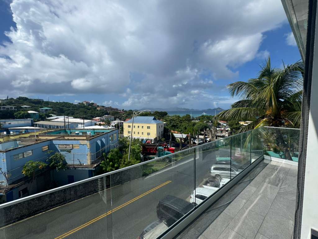 Balcony view over Cruz Bay harbor from a DGMI Properties suite