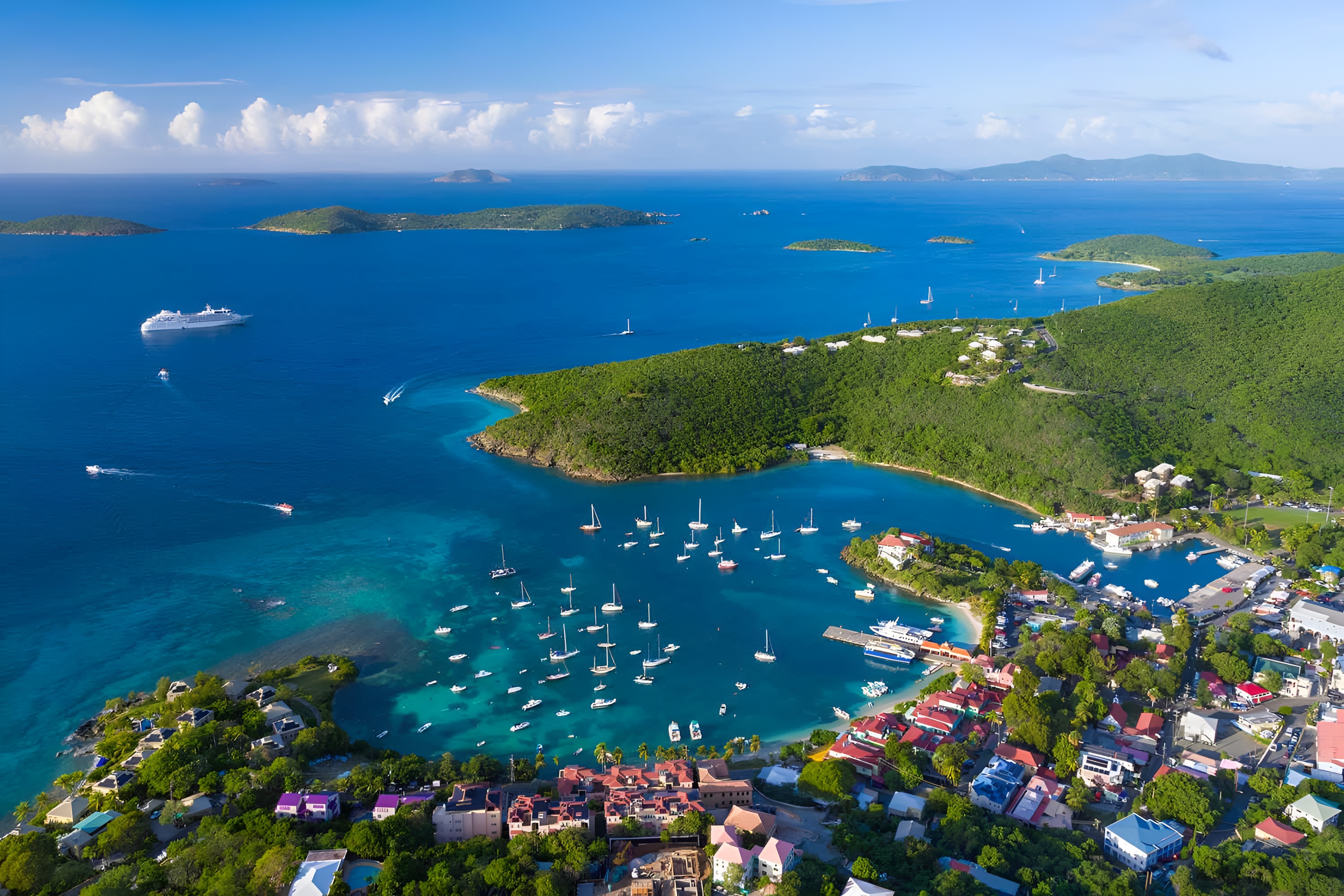 Aerial view of Cruz Bay harbor and the green hills of St. John, U.S. Virgin Islands