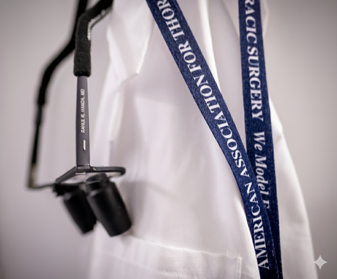 Close-up of a white coat with a stethoscope labeled 'RAHUL R. PANDA, MD' and a blue lanyard reading 'AMERICAN ASSOCIATION FOR THORACIC SURGERY'.