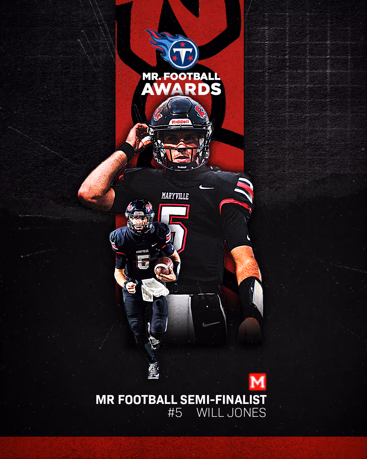 Maryville football player Will Jones in black uniform with number 5, featured as Mr. Football semi-finalist.